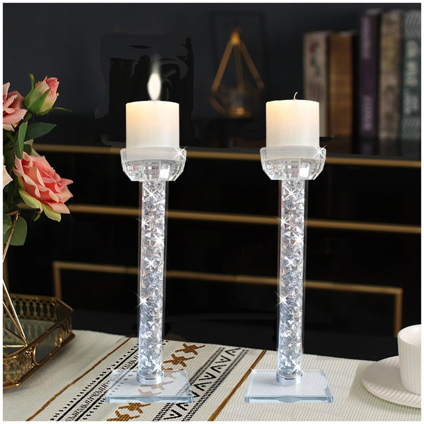 Wocred Candle Holders Set of 2.Stunning Shabbat Candle Holders.8.6" Tall Crystal Candlestick Holders for Dinning Room,Mantelpiece.