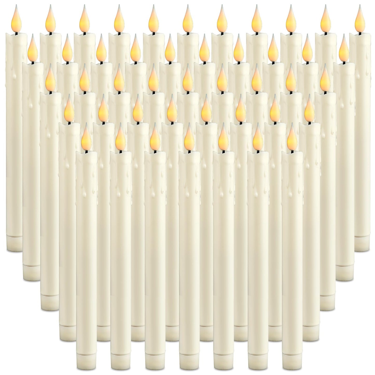 Baquler 48 Pcs 10 Inch Ivory Flameless Taper Candles LED Candle Sticks Battery Operated Flickering LED Candlestick Window Plastic Candle for Wedding Halloween Christmas Decor(No Battery)