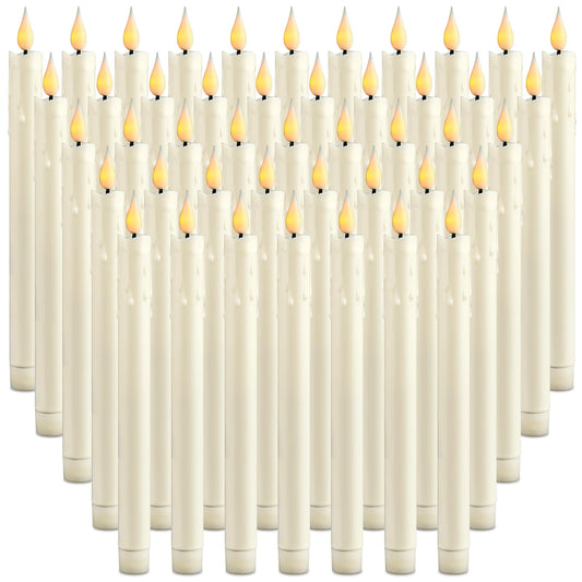 Baquler 48 Pcs 10 Inch Ivory Flameless Taper Candles LED Candle Sticks Battery Operated Flickering LED Candlestick Window Plastic Candle for Wedding Halloween Christmas Decor(No Battery)