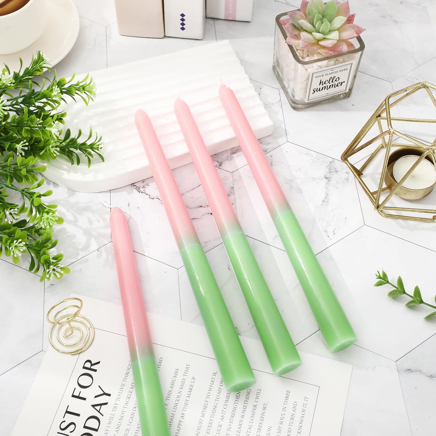JarThenaAMCS 6Pcs Pink and Green Taper Candles 10 Inch Long Unscented Candle Sticks for Witch Princess Birthday Holiday Wedding Party Home Dining Table Decor