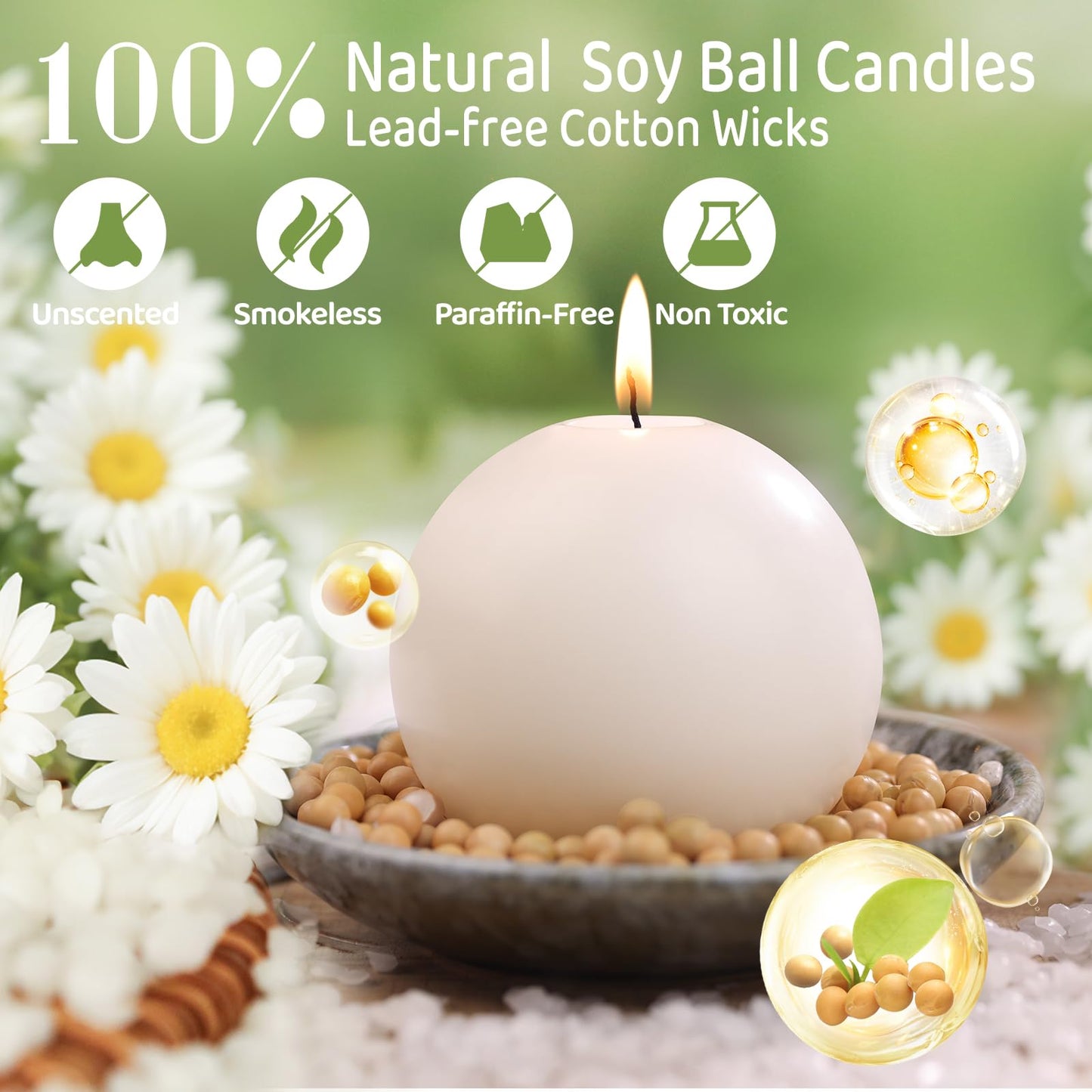3 in Soy Ball Candles,4 Pack Hand-Poured Natural Soybean Wax Round Pillar Candles,Elegant White Candles-26H Long Burning Time,Dripless,Unscented,Smokeless Candles Dinner Table,for Wedding,Home Decor