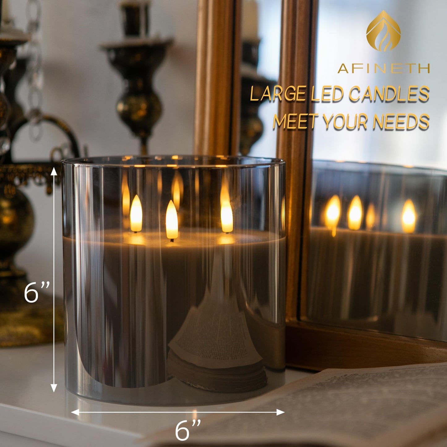 AFINETH Extra Large Flameless Candles with 3 Wicks, 6"x6" Glass Battery Operated Candles with Remote, Real Wax Flickering LED Candles Fake Candle for Home, Wedding, Party, Gray