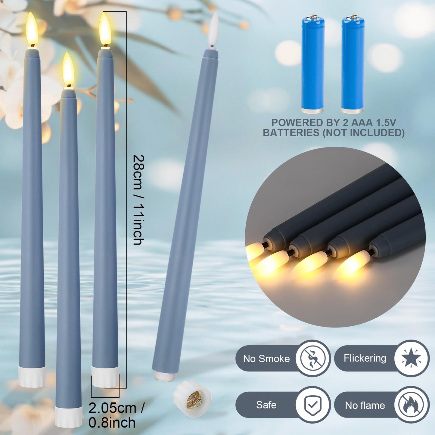 Macarrie 24 Packs Flameless Taper Candles Battery Operated Fake 11 Inch Long Candlelight LED Flameless Candlesticks Flickering Tapered for Spring Summer Wedding(Haze Blue)