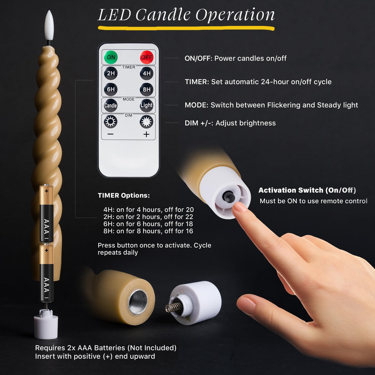 West Ivory Full Twisted Spiral Flameless LED Taper Candles – Light Tan, Set of 6 – 2/4/6/8-Hr Timer (24-Hr Memory), Remote, Dimmable, Bottom On/Off Button, Flicker/Steady, Battery Operated