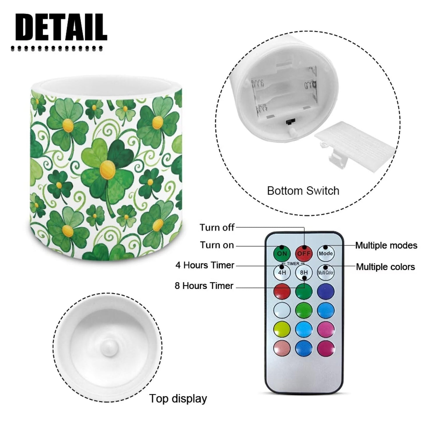 Merkmak 4Pcs LED Candles Bulk Stylish Shamrocks Flickering Flameless Candles with Remote and Timer Battery Operated Pillar Tea Lights for Indoor Outdoor St Paddy's Day Party Decoration