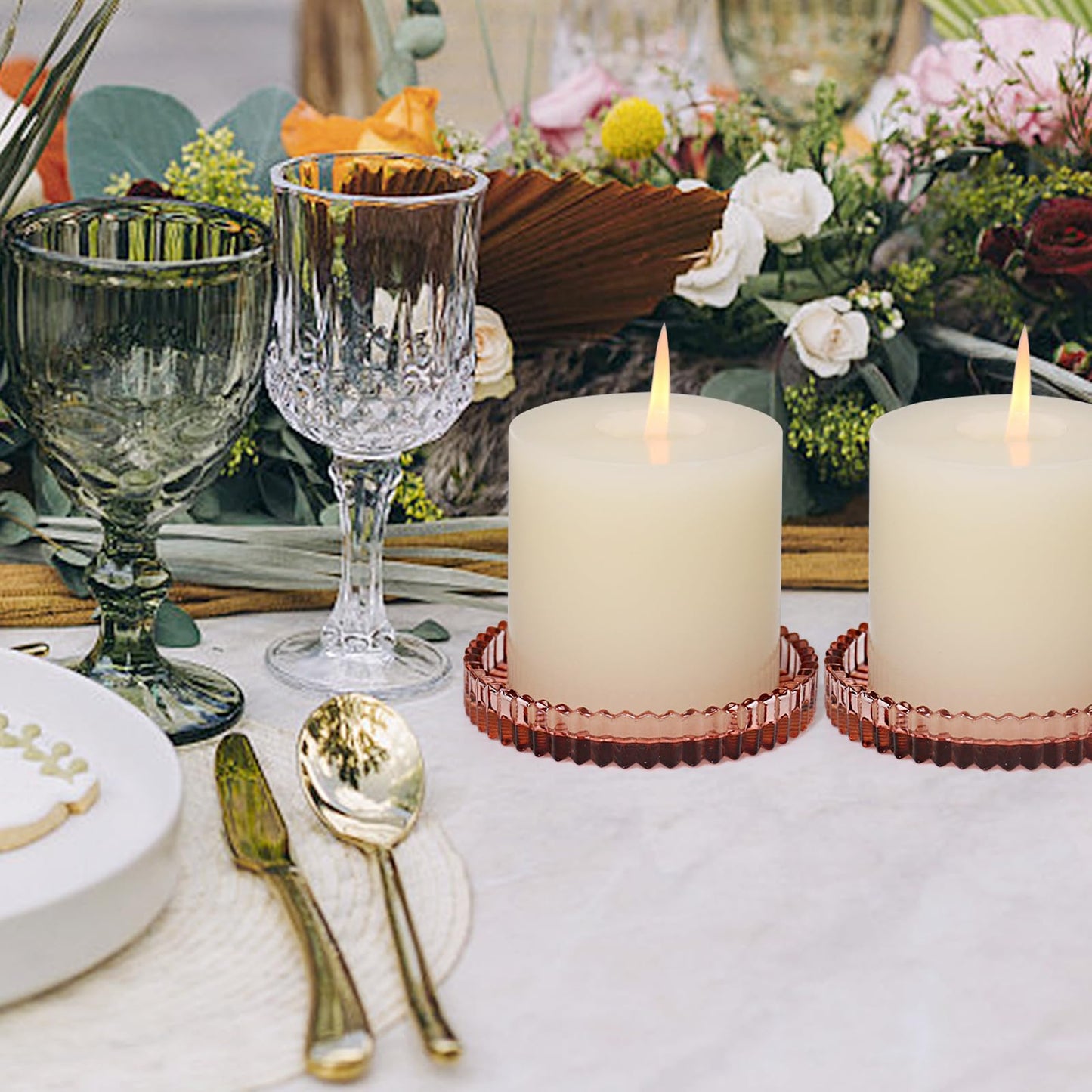 CHOCSTAY Glass Pillar Candle Holder, 4" Candle Plates Set of 3, Glass Candle Holders for Wedding, Party, Holiday, Home Decor, Table Centerpiece