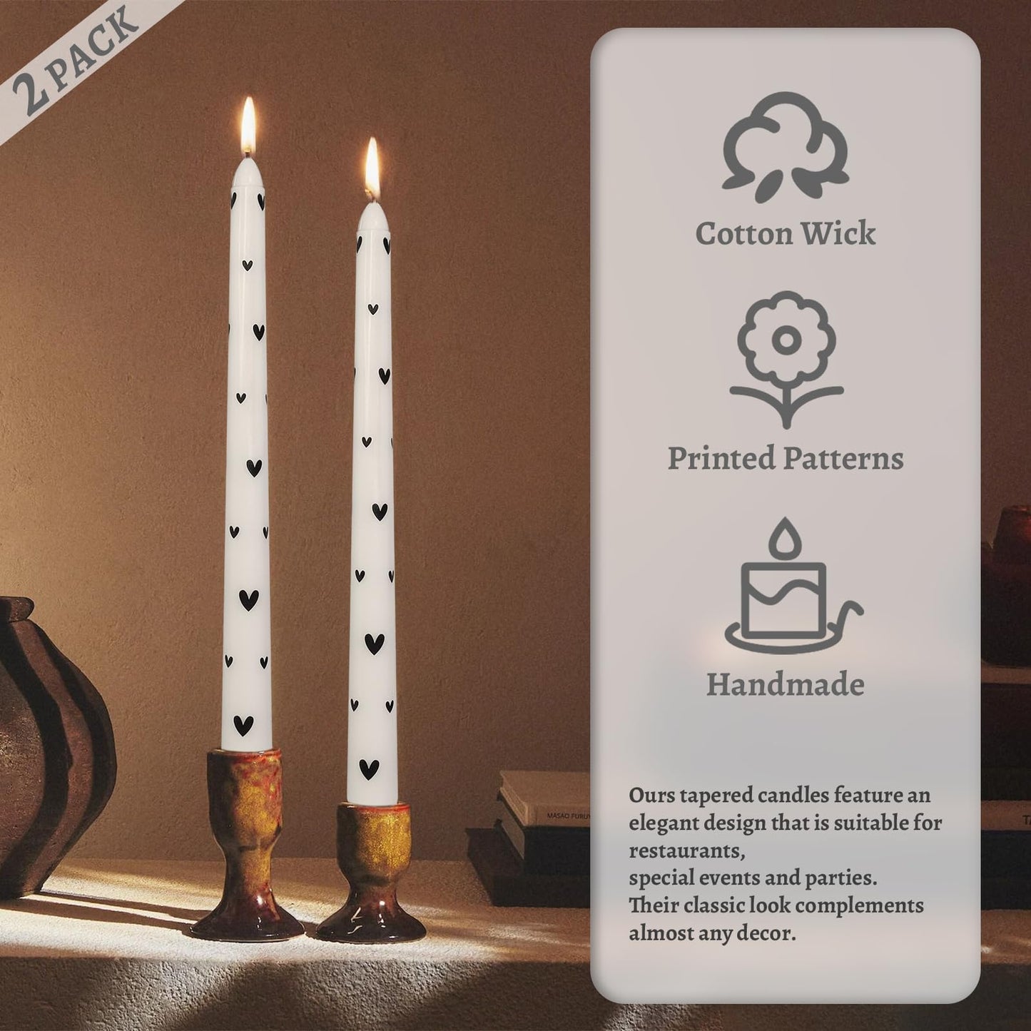 Floral Taper Candles 10 Inch Tall Unscented Handmade Black Heart Print Long Burning Elegant Candlesticks for Wedding Dinner Home Decor