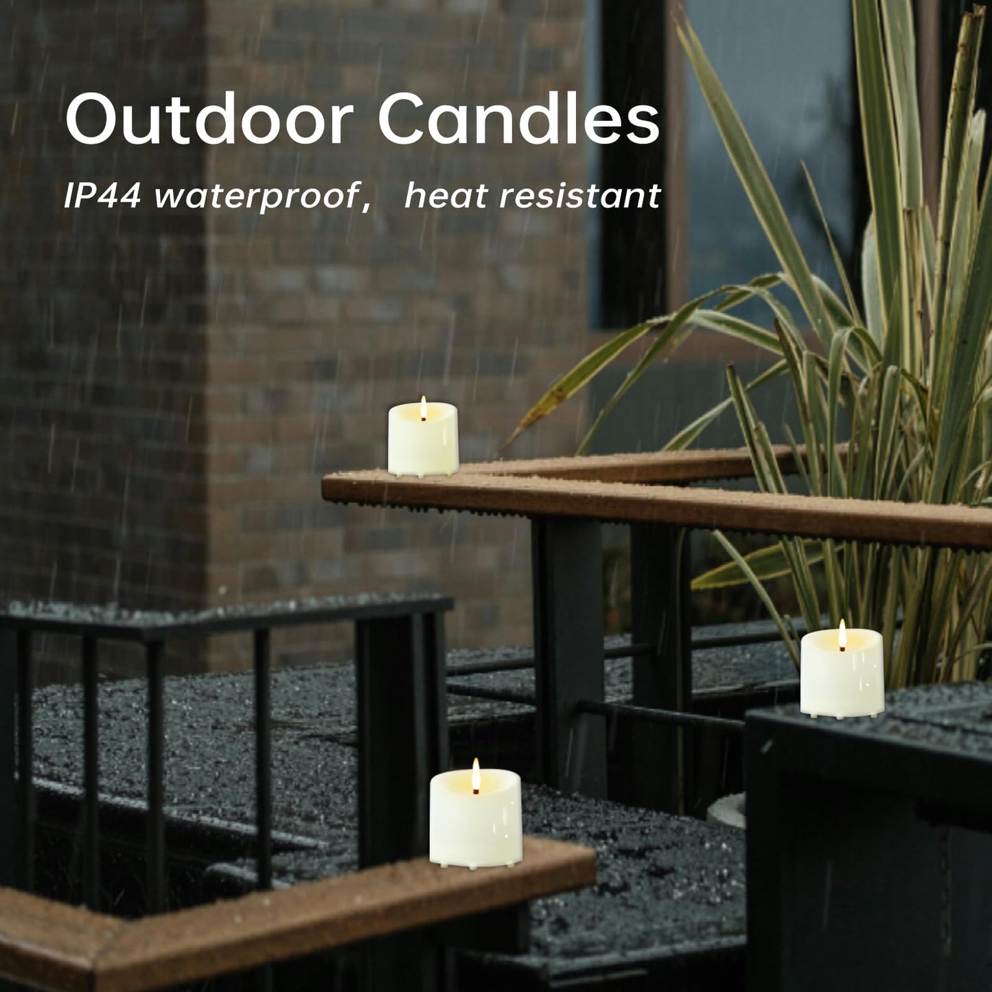 TECHLONG Outdoor Waterproof Flameless Candles with Timer, Remote Control Battery Operated Candles Flickering Last 600 Hours, 3"x3" Realistic Electric Fake LED Candles, Ivory Plastic, Set of 3