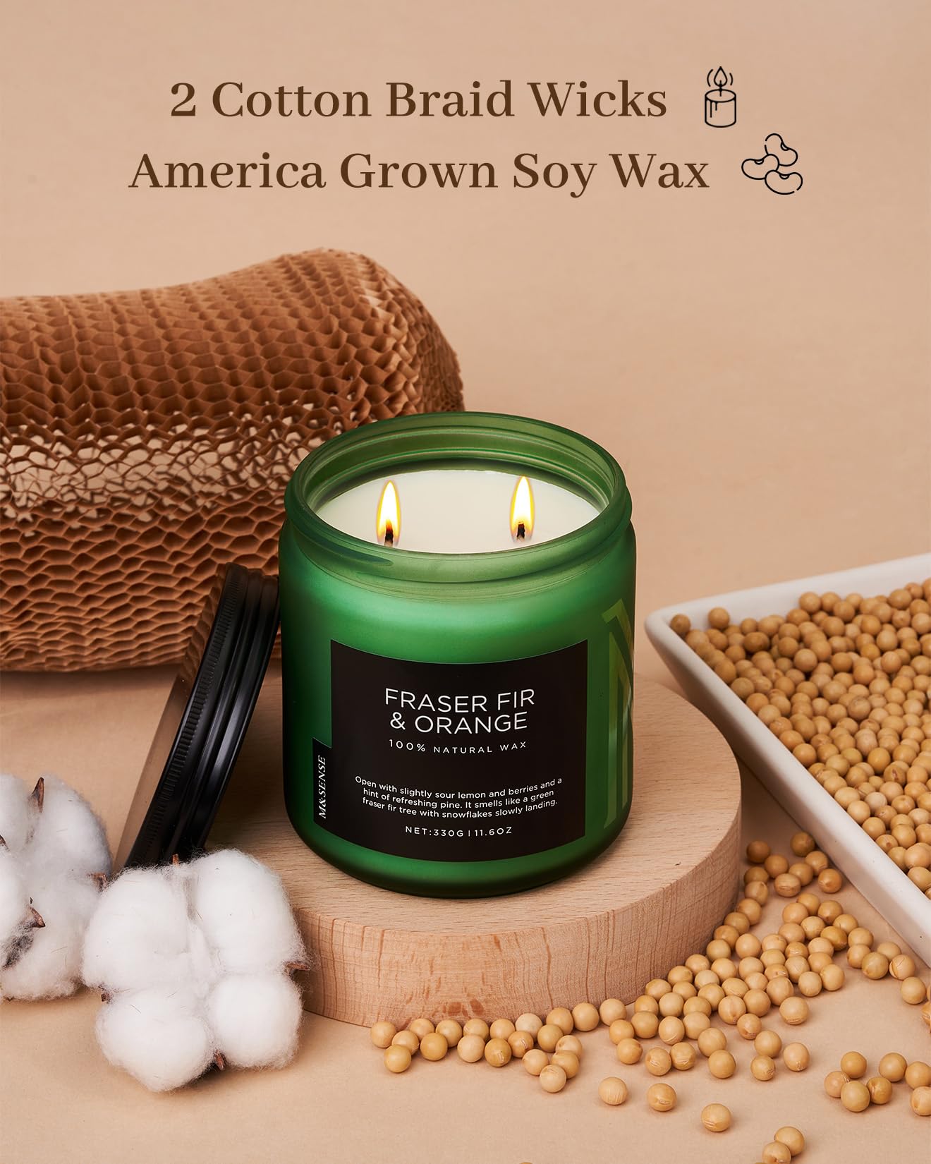 M&SENSE Fraser Fir Pine Scented Candle, Natural Soy Wax Non Toxic Candles 70 Hours 2 Cotton Wick 11.6oz Cozy Home Fragrance Aromatherapy Candle for Birthday Holiday Gifts for Mom Women