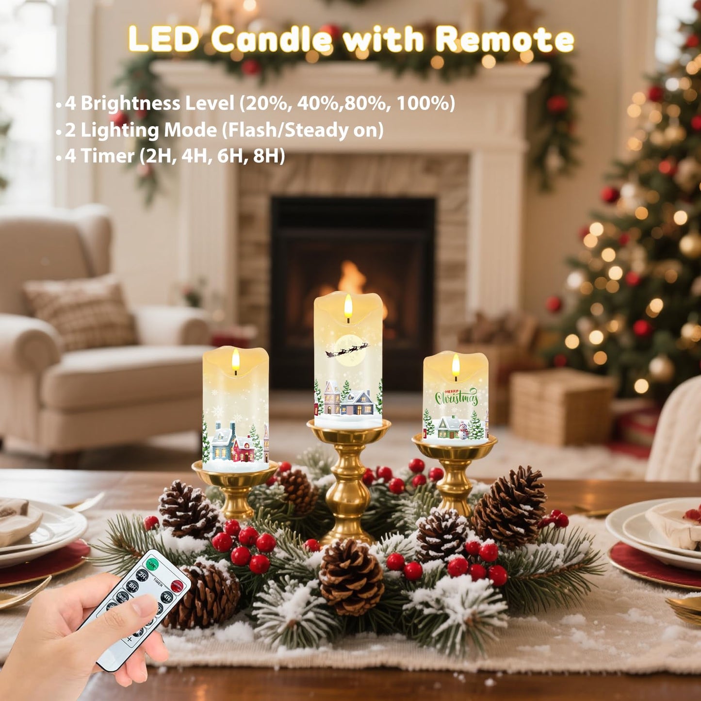 VEEKI Christmas Flameless Candles, Set of 2 Flickering Snow House LED Candles with Remote & Timer, Real Wax Pillar Candles Battery Operated, Electric Candles Light for Home Christmas Decor