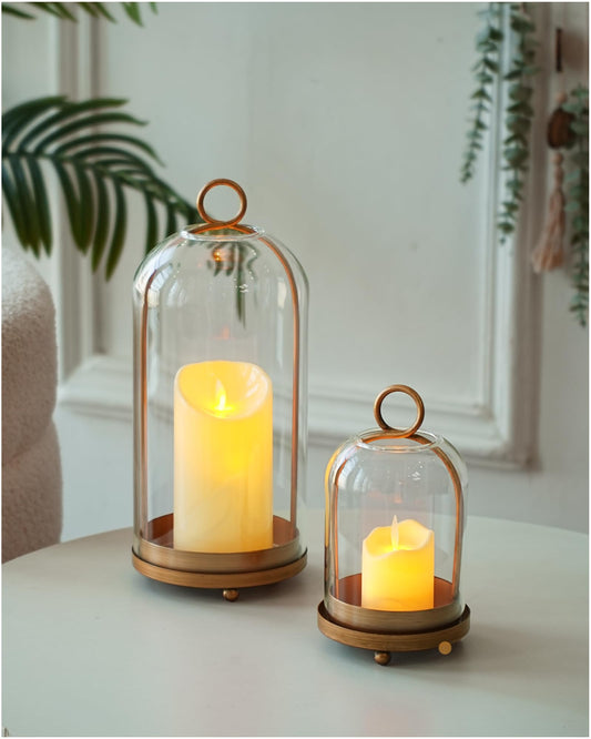 Looscentt Glass Hurricane Candle Holders for Pillar Candles, Set of 2 (5" & 4" Wide) with Lamp Shape Glass Dome & Brass Base for Farmhouse, Shabby Chic Vintage Decor (Antique Brass)