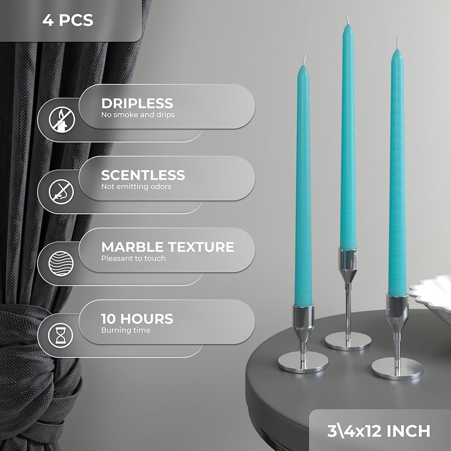CANDWAX 12 inch Turquoise Taper Candles Pack of 4 - Unscented Smokeless Dripless Teal Candlesticks - Perfect for Holidays, Ordinary Dinners and Special Occasions - Tall Taper Candles