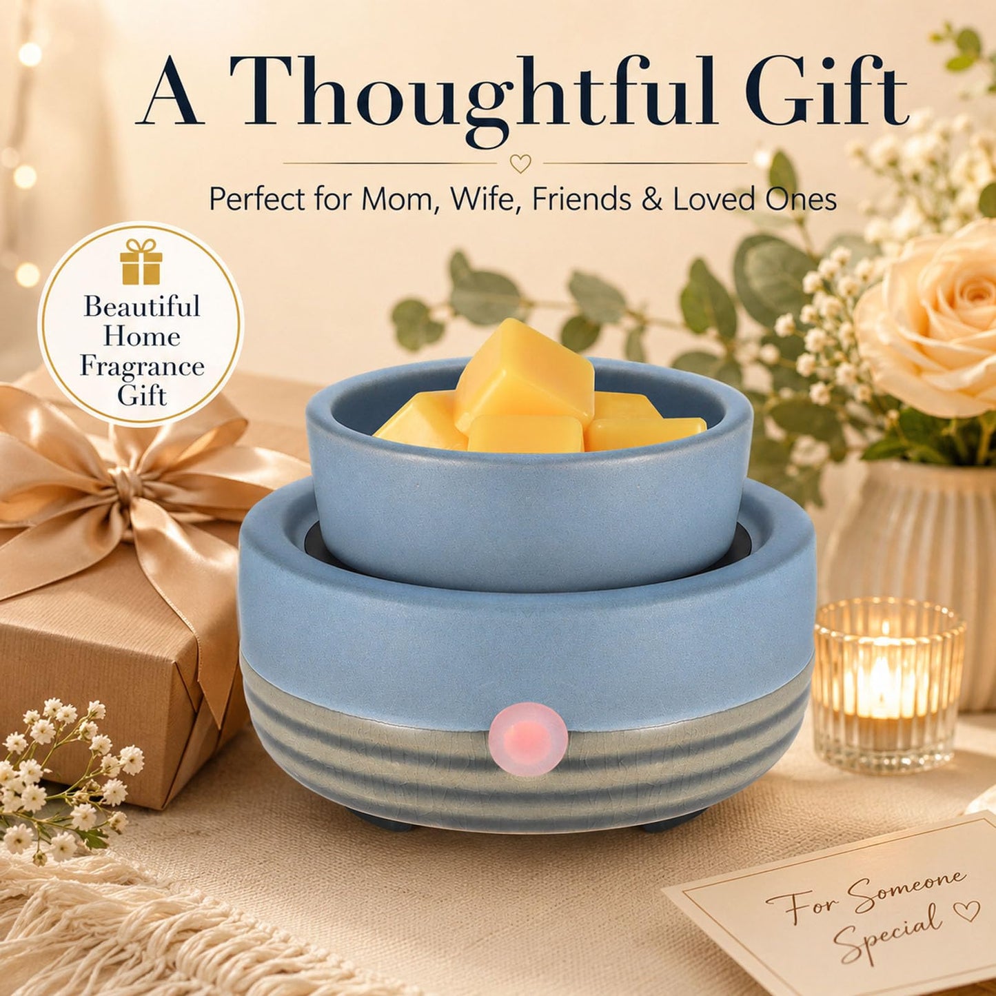 Candle Wax Melt Warmer with Timer Ceramic Electric Wax Melt 4-in-1 Oil Burner Adjusting Temperature Fits Yankee Large Jar Scented Candle for Home Decor Birthday Gifts for Women Mom Grandma Girls Blue