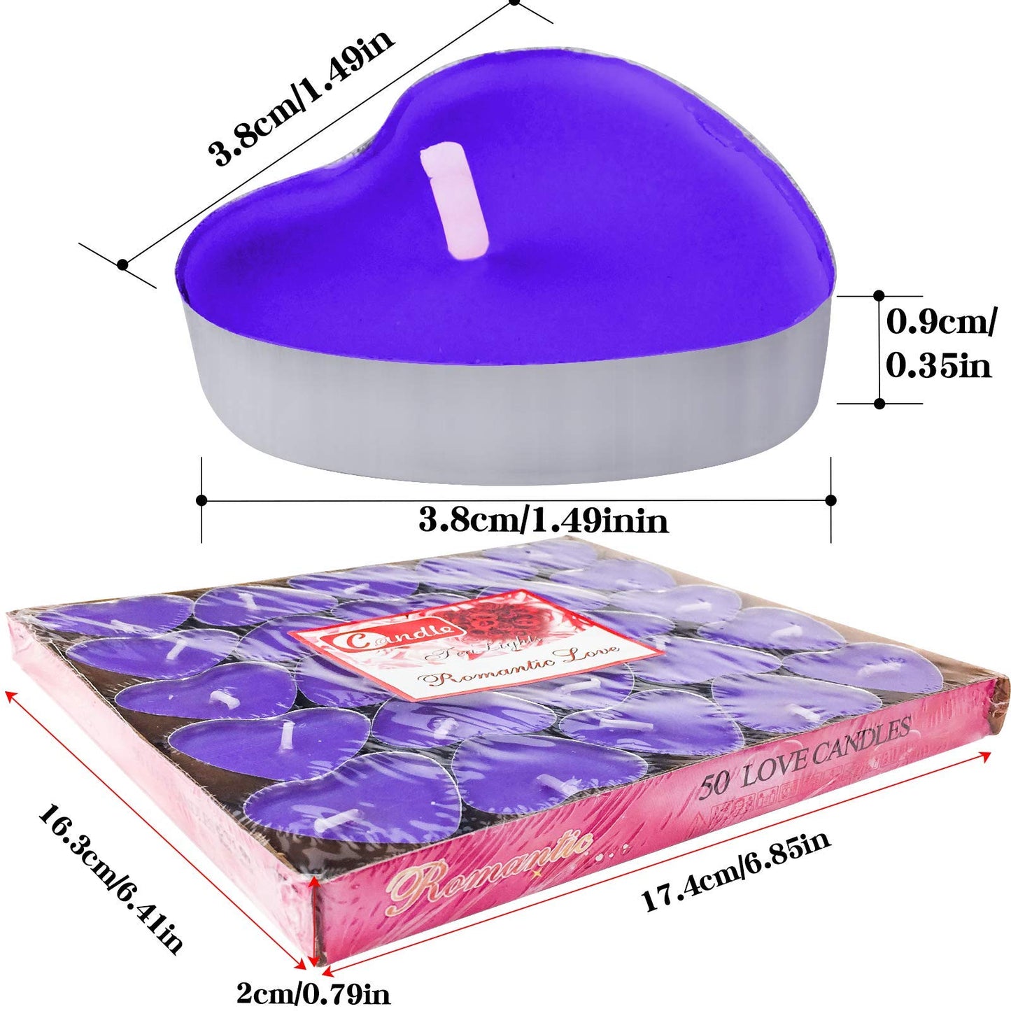 50Pack Heart Shaped Tealight Candles(25x2 Layers),Romantic Love Unscented Tea Lights Candles,Dripless & Long Lasting Smokeless Mini Tealight Candles for Romantic Decor,Pool,Home,Wedding (Purple)