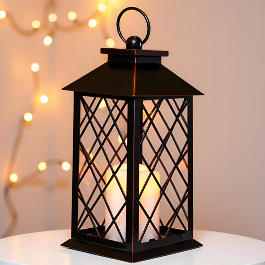 HOSY 13" Metal Vintage Lantern with Pillar Flameless Candles, Battery Operated Decorative Hanging Retro Iron Lantern with LED Plastic Candle (Bronze)