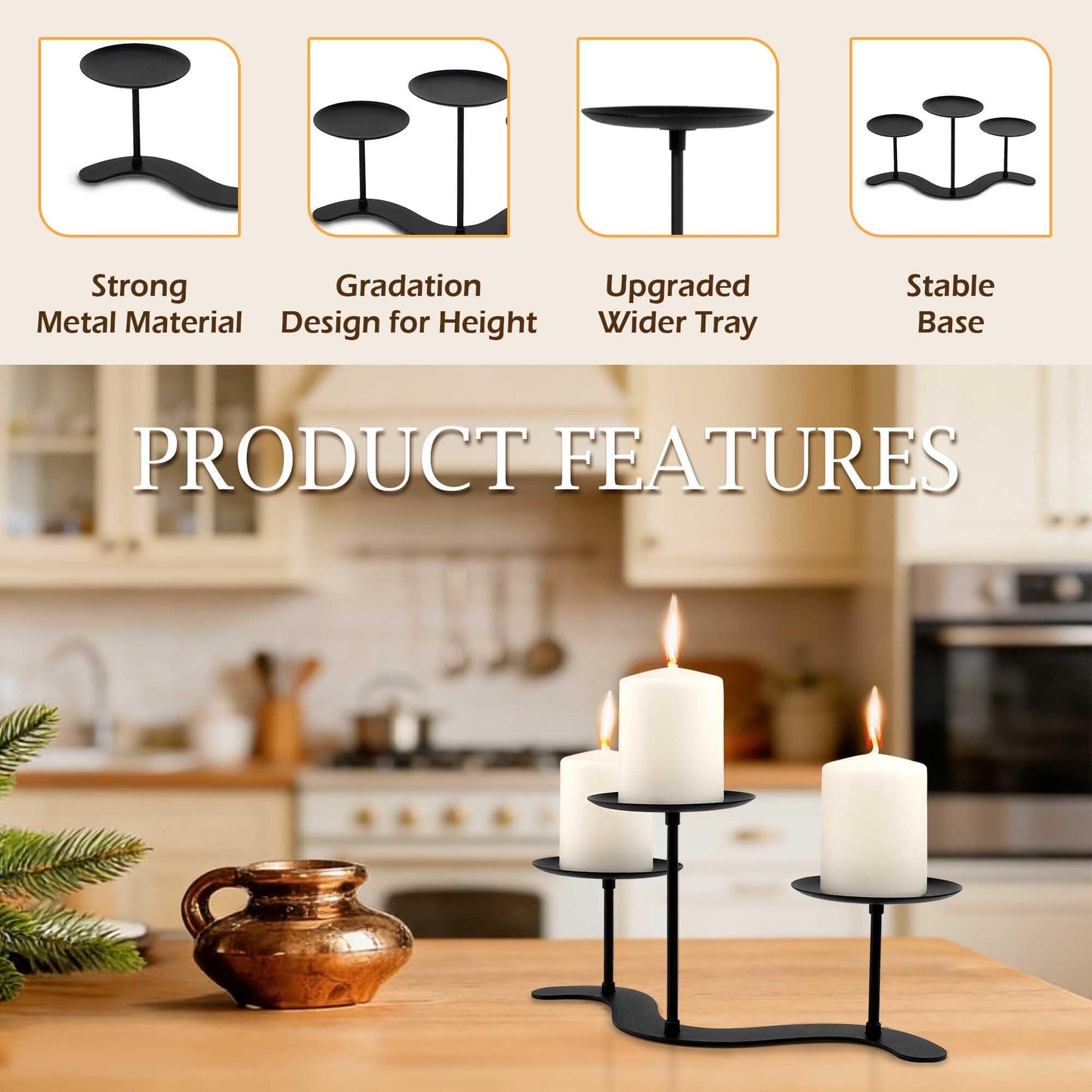 Black Iron Candelabra Candle Holder: Metal Candelabra Centerpiece Decor - 3 Arm Candle Holder Stand for Pillar Candles