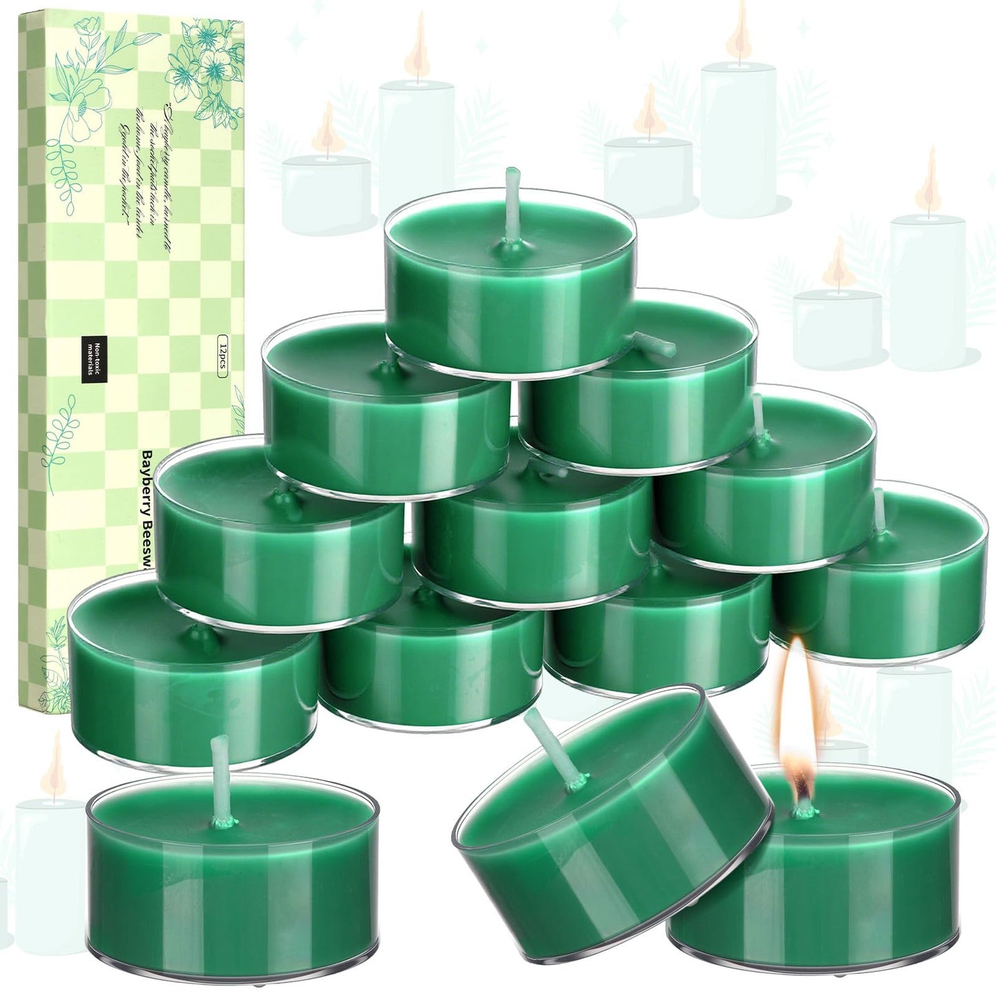 Nuanchu 12 Pcs Bayberry Scented Candle Christmas Green Votive Tealight Beeswax Blend Tealight Wax Green Bayberry Scented Wax Gift Box for Christmas Holiday