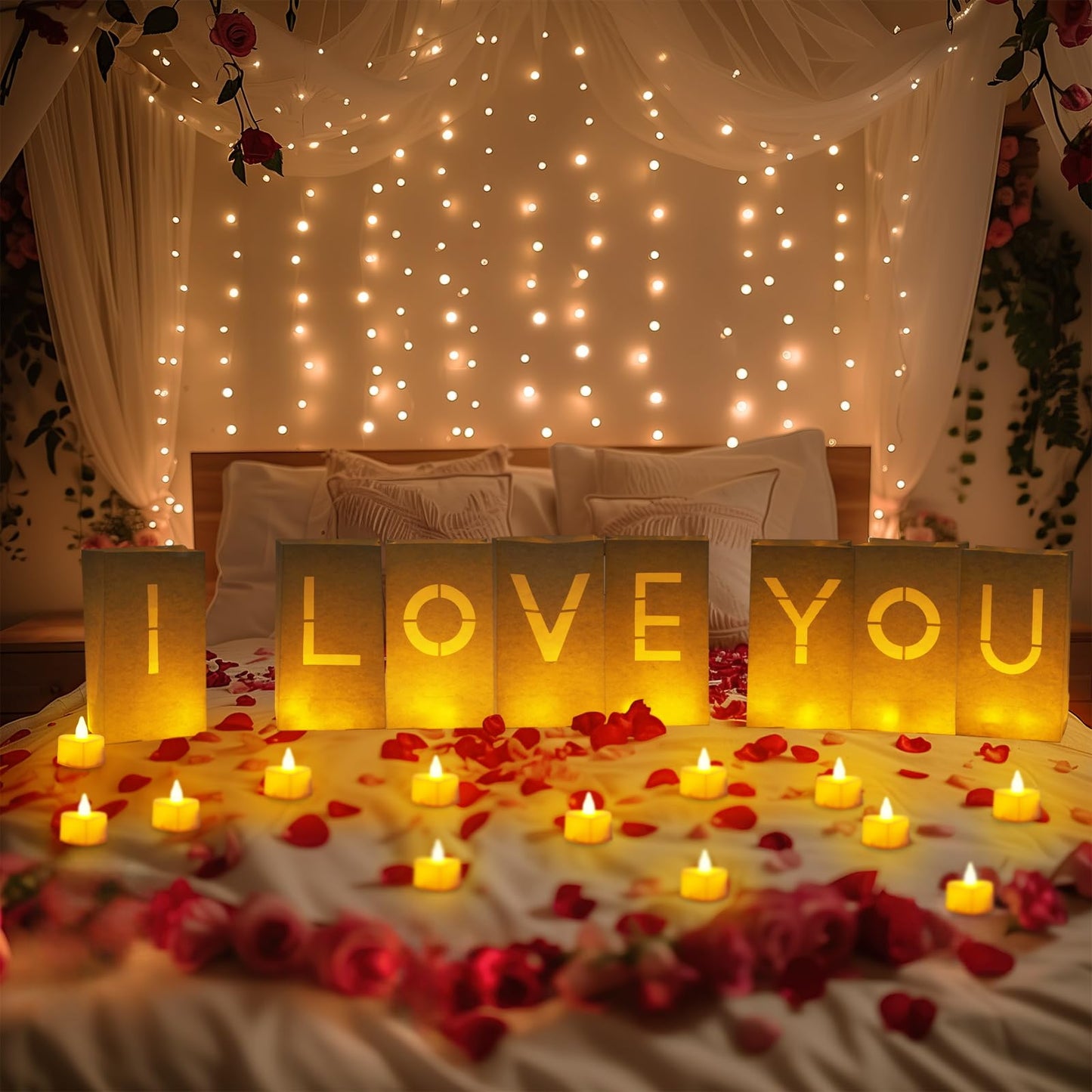 Homemory I Love You Light Up Letters Proposal Decorations with Flameless Candles and 2000 Fake Rose Petals, Valentine's Day Luminary Bags Romantic Decorations Special Night for Wedding Anniversary