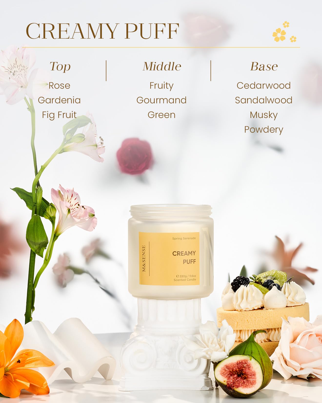 M&SENSE Sandalwood Gardenia Large Soy Candles, 11.6oz Natural Non Toxic Scented Candles for Home, 70-Hour Long Lasting Burning, 2 Wicks Spring Smelling Romantic Valentines Gift for Her/Him