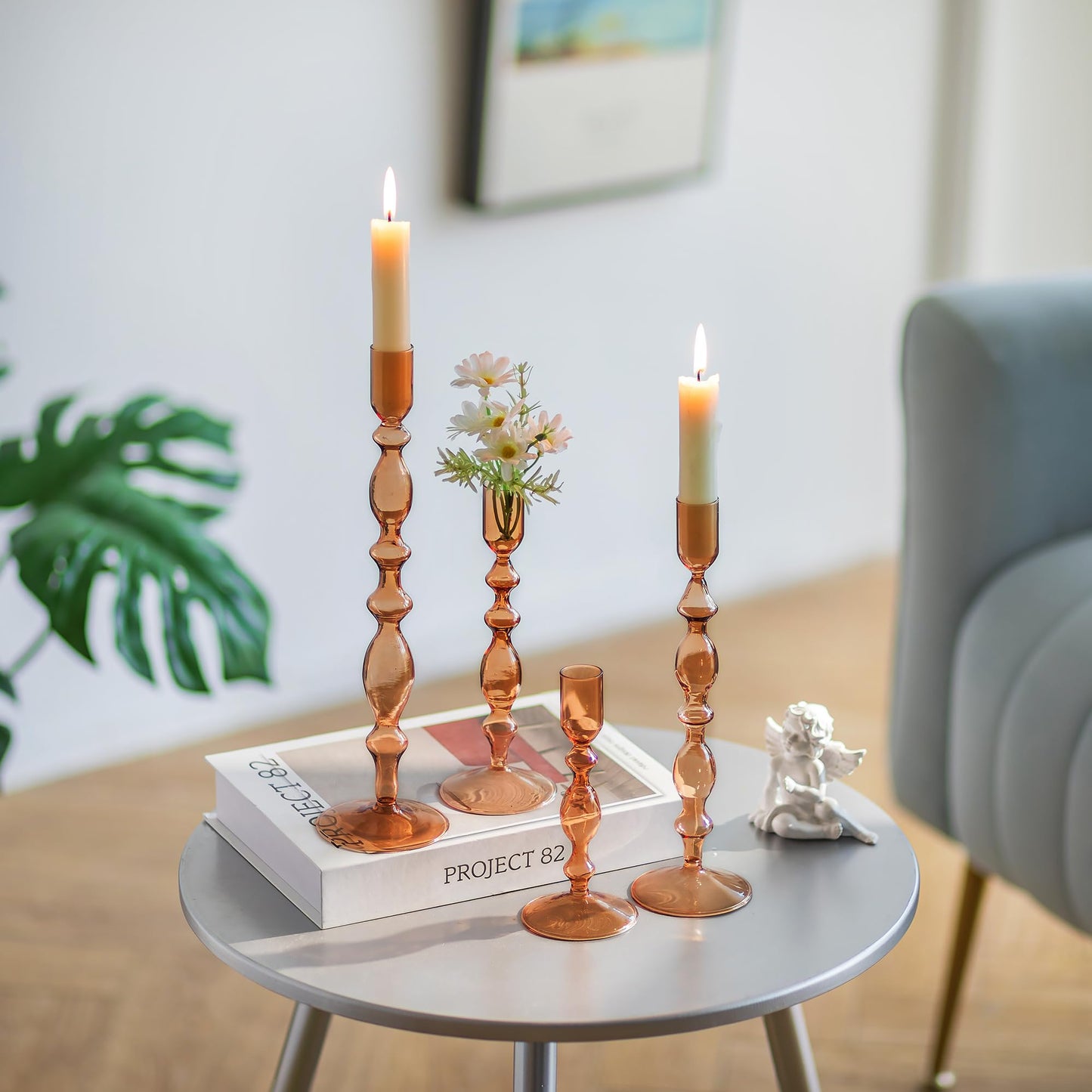 Glass Candle Stick Candle Holder : Glasseam Amber Taper Candle Holder Set of 4 Modern Candle Sticks Holder Decor Tall Decorative Candle Holders for Table Fall Centerpiece Dining Thanksgiving Halloween