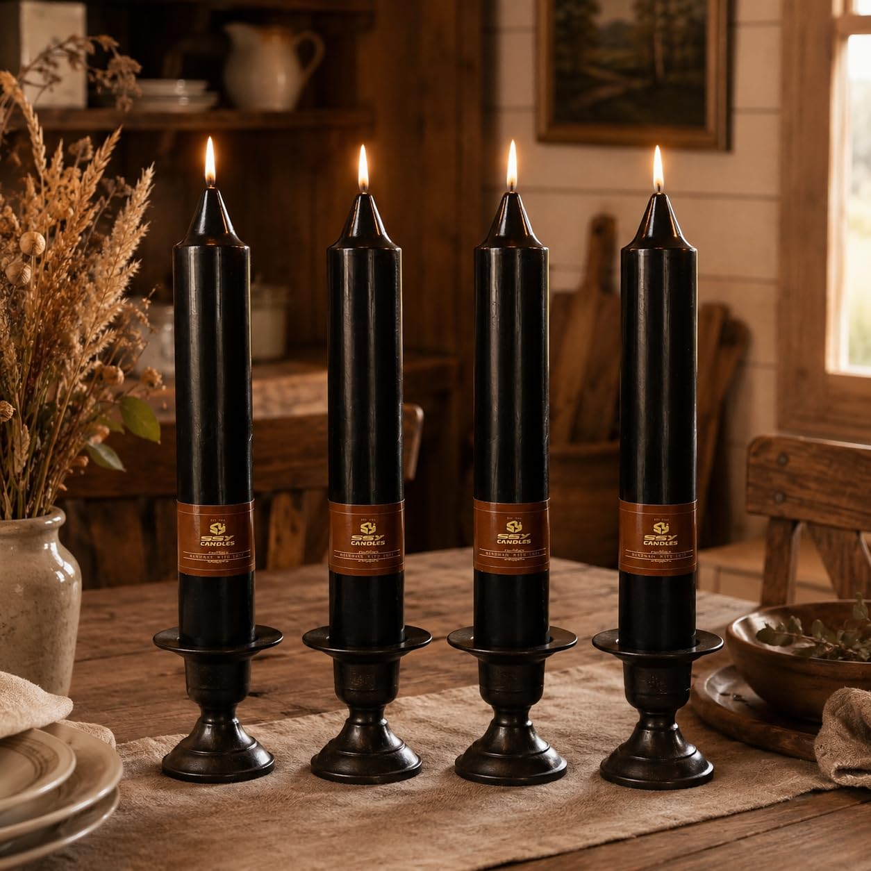 Black Short Taper Candles Set of 4, 7 Inch Handmade Candle Stick, Unscented Tapered Candles, Taper Candles for Wedding Dinner Table Home Decor Gift