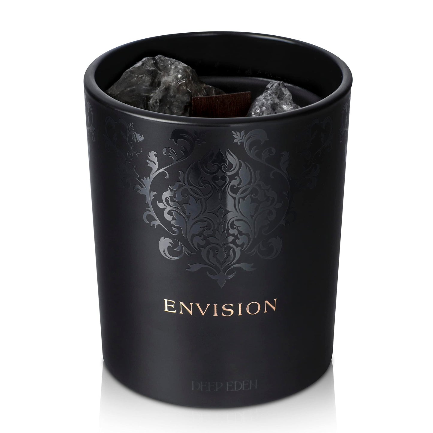 Black Orchid & Pine Moss Scented Crystal Candle - Luxury Manifestation Candle with Smoky Quartz and Clear Quartz Crystals - 7.4oz Natural Soy, Coconut & Beeswax, Wood Wick