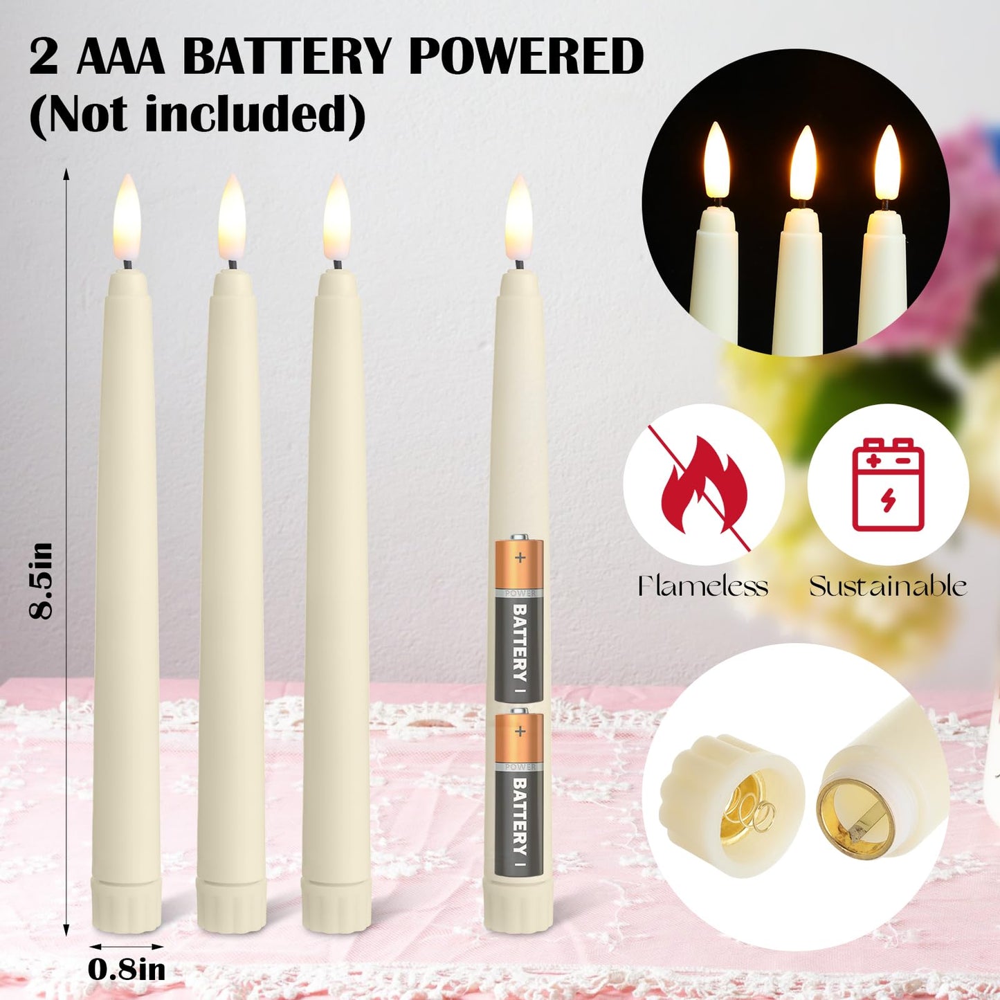 Baquler 125 Pcs Flameless Taper Candles LED Taper Candles Flickering Bulk Ivory LED Candlestick for Easter Wedding Church Halloween Christmas Party Decor Table Centerpiece, 8.5 in, No Batteries
