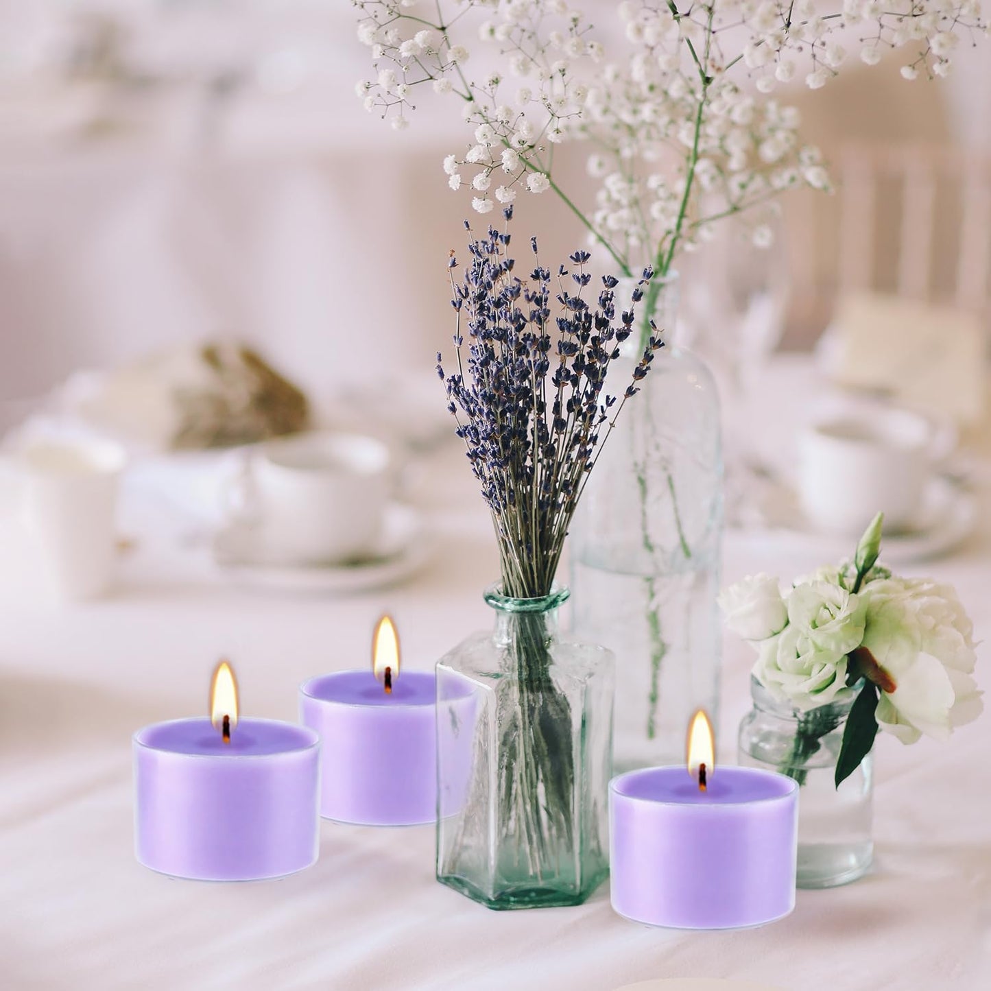 Wfmolcand 50 Pack Bulk Lavender Scented Tealight Candles in Clear Cup, Purple Wax Votive Candle for Birthdays Weddings Churches Anniversaries & More（8 Hour）