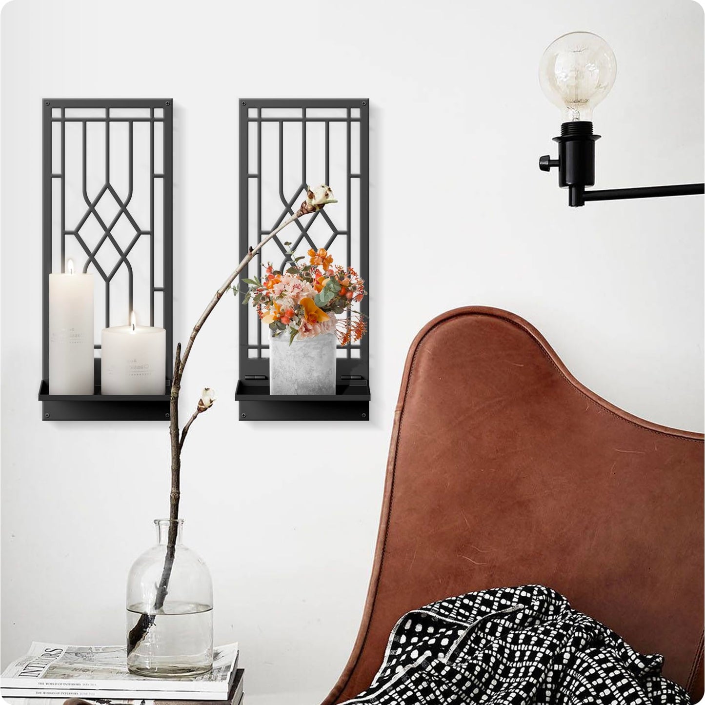 Wall Sconces Candle, Black Metal Wall Decor, Retro Wall Candle Holder for Living Room, Dining Room, Bedroom, Bathroom (2 Pack, 16.5 x 7 in)