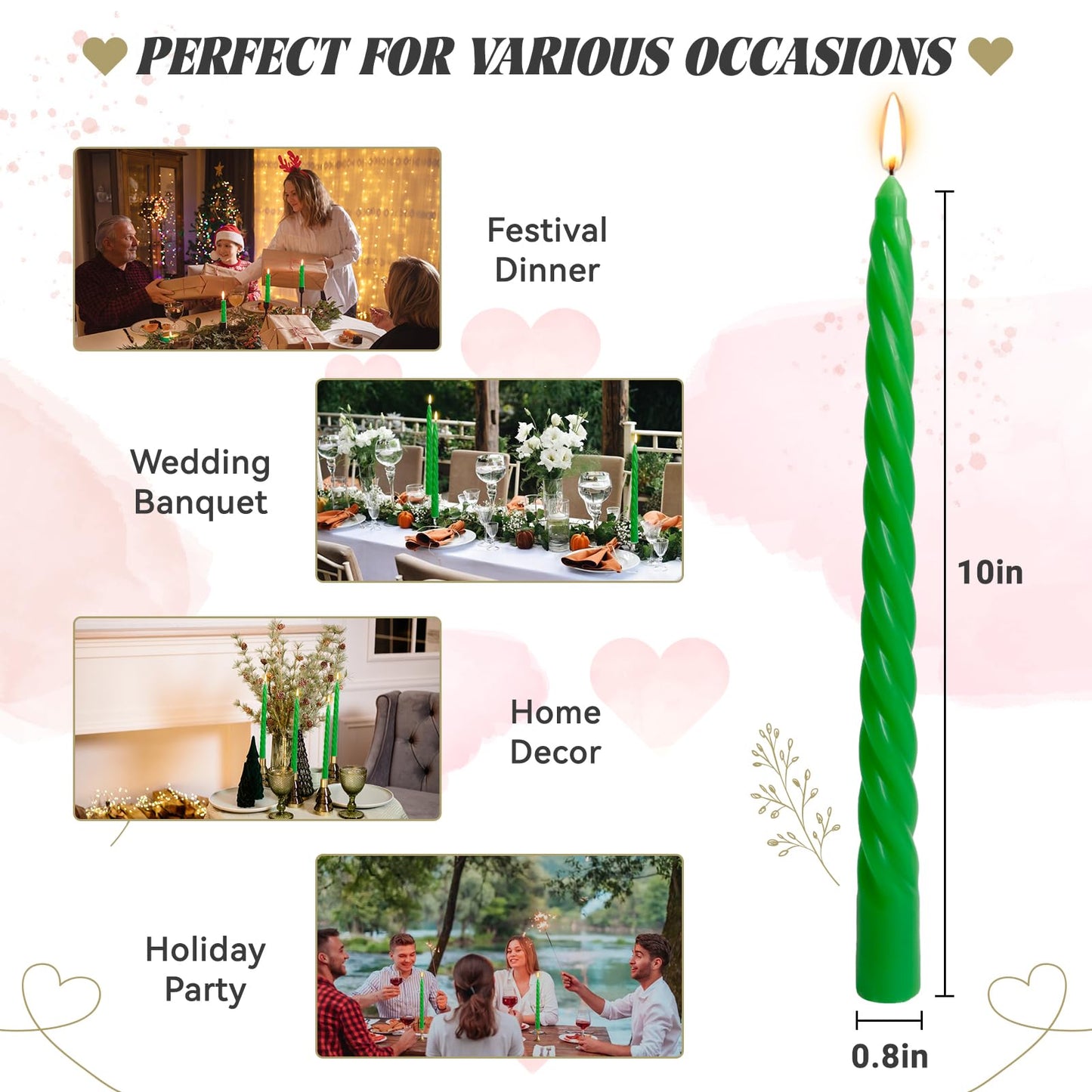 10 Inch Green Twisted Taper Candles Set for Christmas and Spring, Unscented Dripelss Candlesticks for St. Patrick's Day Holiday Party Decoration