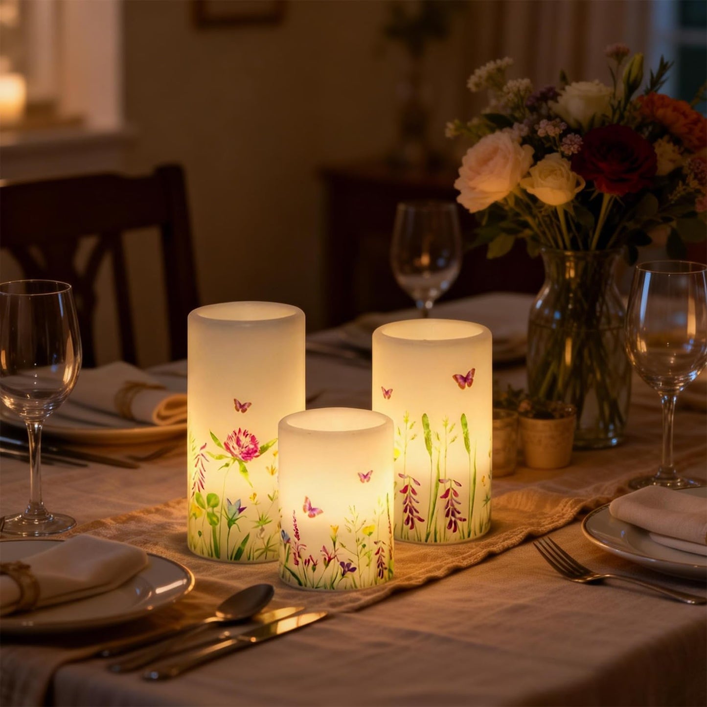 DRomance Butterfly Spring Flameless Candles with 6 Hour Timer Real Wax Battery Operated LED Flickering Pillar Candles Dinner Holiday Home Decor(3 Pack, 3" D x 4", 5", 6" H)