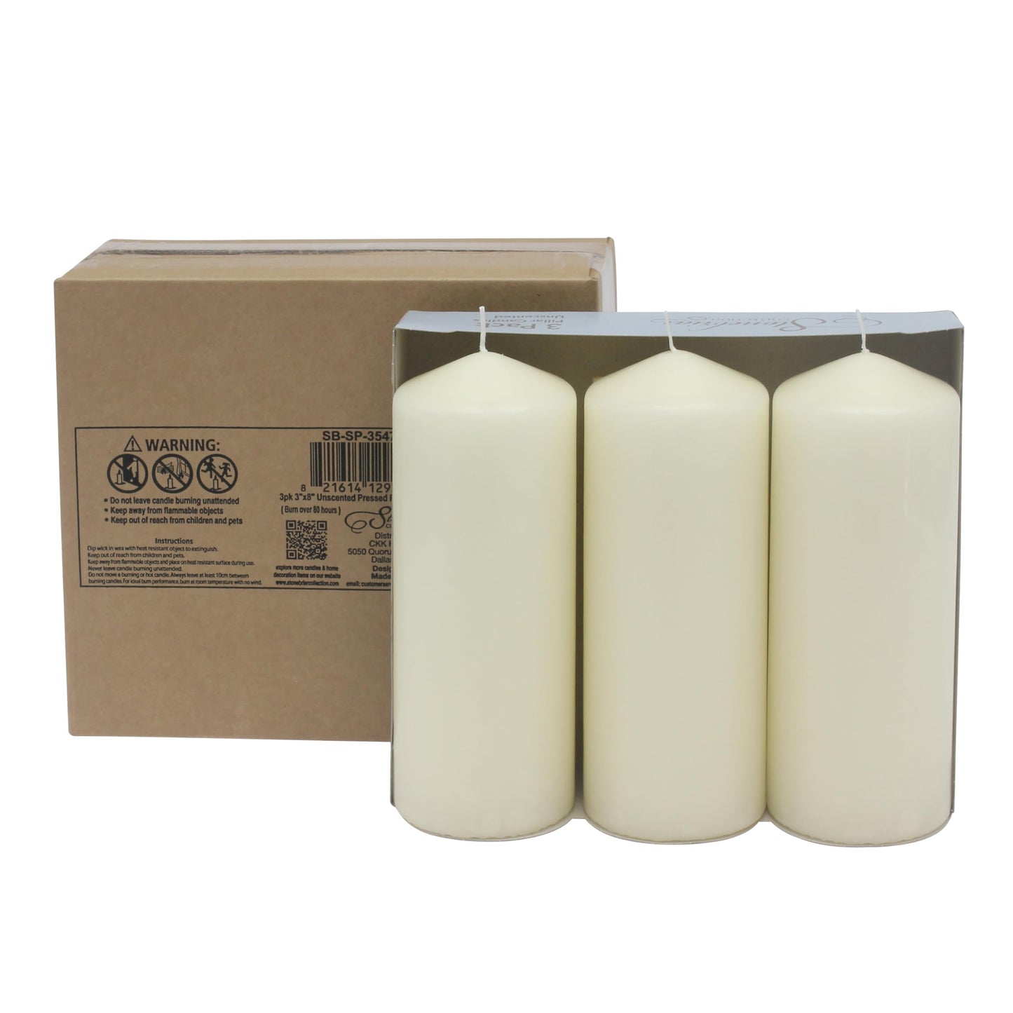 Stonebriar Unscented Pillar Candles – 80 Hour Burn Time, Long-Lasting Wax Candles for Weddings, Holidays, Home Décor & Special Events, Pack of 3, Ivory, 3" x 8"