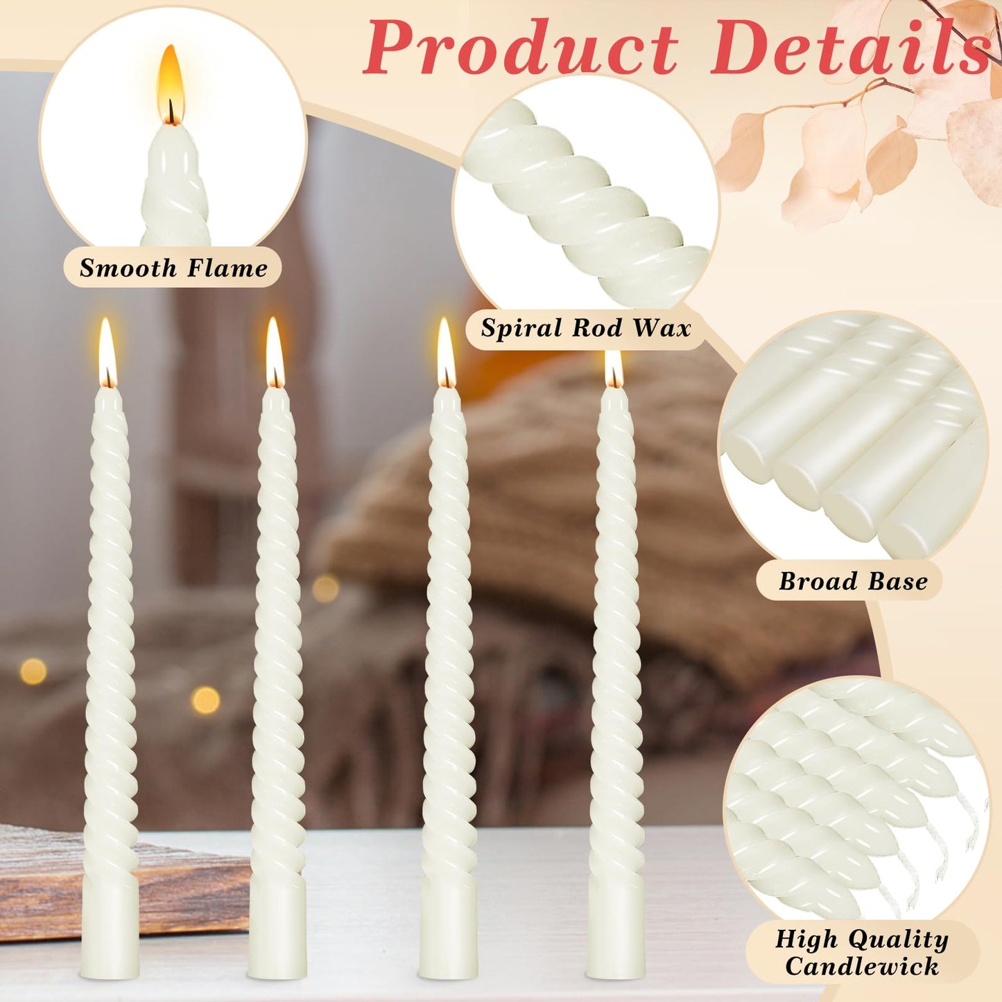 Cptoion 16 PCS Spiral Taper Candles,10 Inch Twisted Taper Candle,Unscented Twisted Candlesticks,Dinner Candles,Dripless Long Candle Sticks for Dinner Party Wedding (White)
