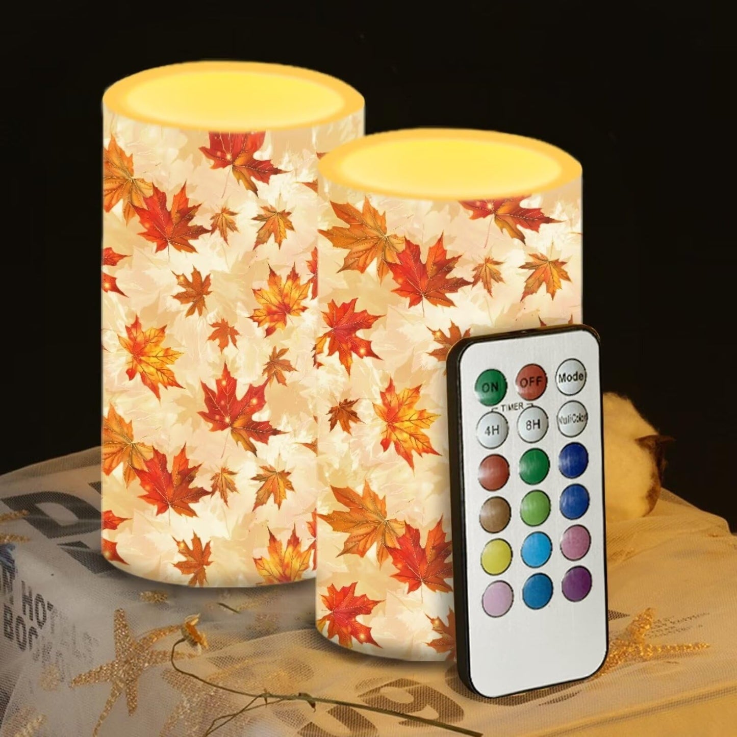 Luarisgur Maple Leaf Decorative Fall Candles for Home Decor Flameless Candles with Remote and Timer LED Candles Flickering Battery Operated Fake Candle for Thanksgiving Holiday Party Room Table Decor