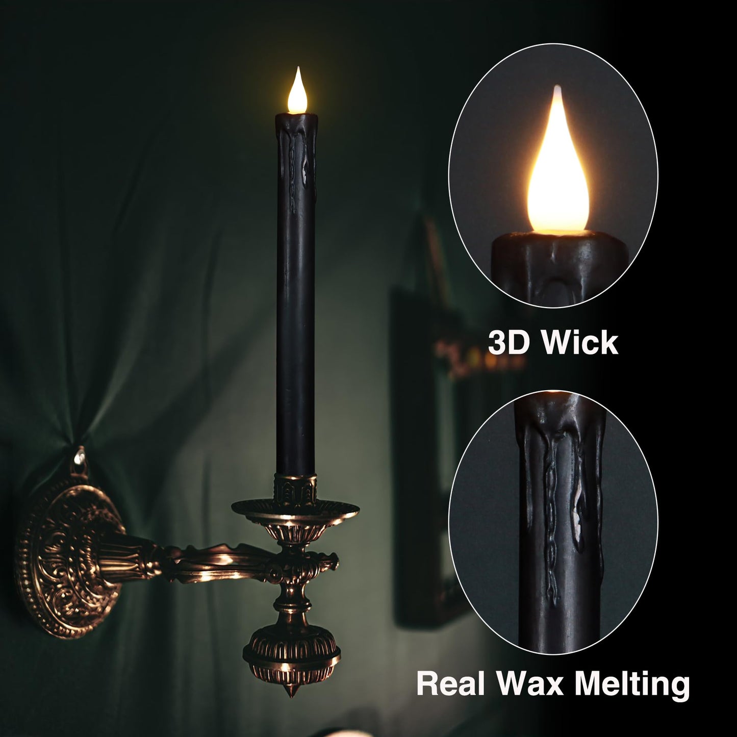 yunsheng 6Pcs Black Flameless Taper Candles with Remote Timer, 9.5 Inches Real Wax Battery Operated LED Candles, 3D Wick Warm White Flickeing Candle for Halloween Party Home Decor