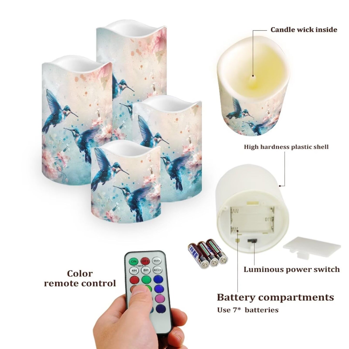 Cozeyat Blue Bird Anniversary Gift Flameless Candles 4 Pack Battery Operated with Remote Timer LED Pillar Candles Flickering Waterproof for Indoor Outdoor
