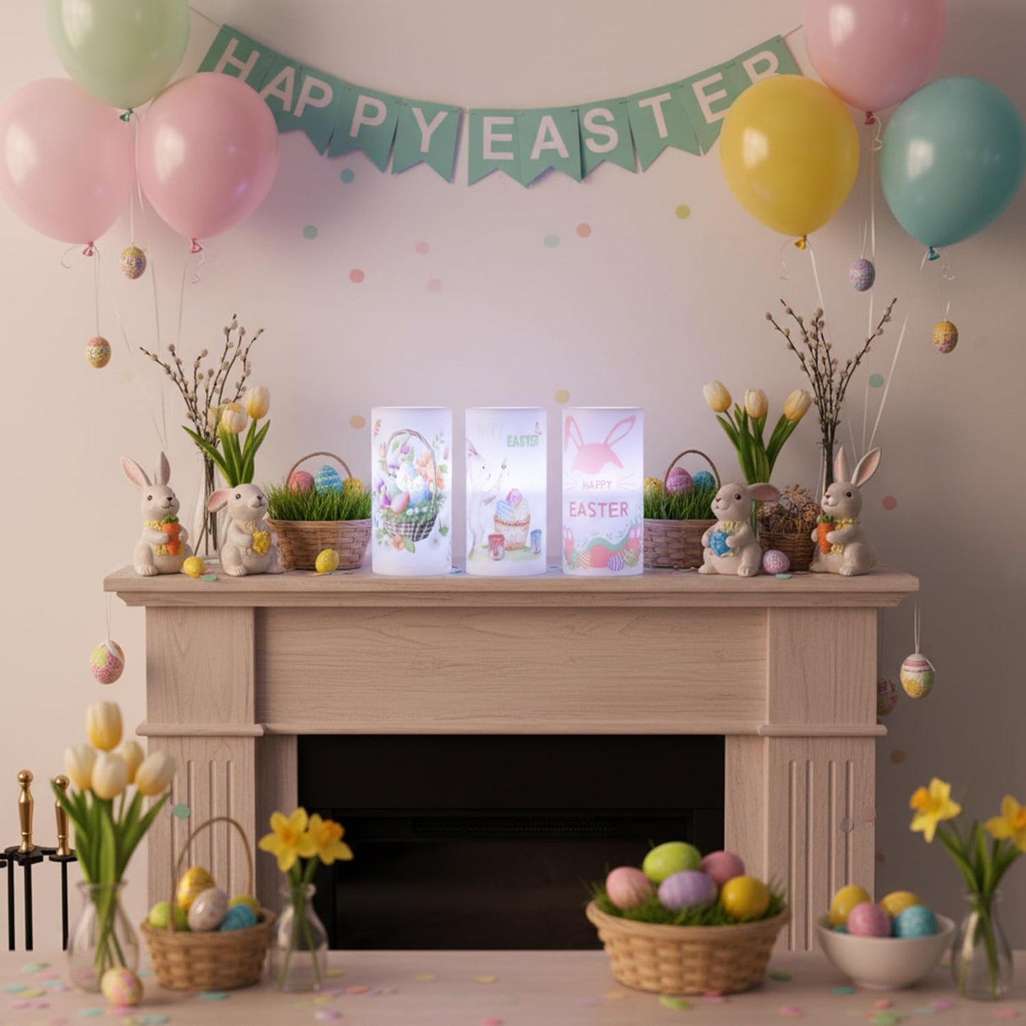 Aulaygo 3PCS Easter Flameless Candles with Remote Control,Happy Easter Bunny Flower Rabbit Spring LED Candle Battery Operated for Easter Theme Party Home Decor,Mother's Day Decor