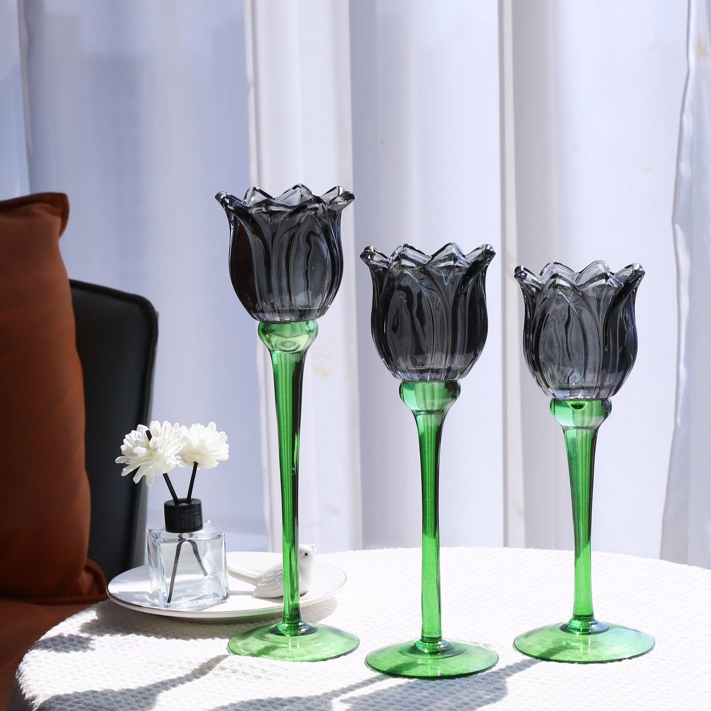 VOHO Light Black Flower Tealight Candle Holder Set of 3, Holiday Decorative Votive Candle Holders for Halloween Theme Party, Different Heights Tulip Tea Lights Candle Holder for Modern Farmhouse Decor