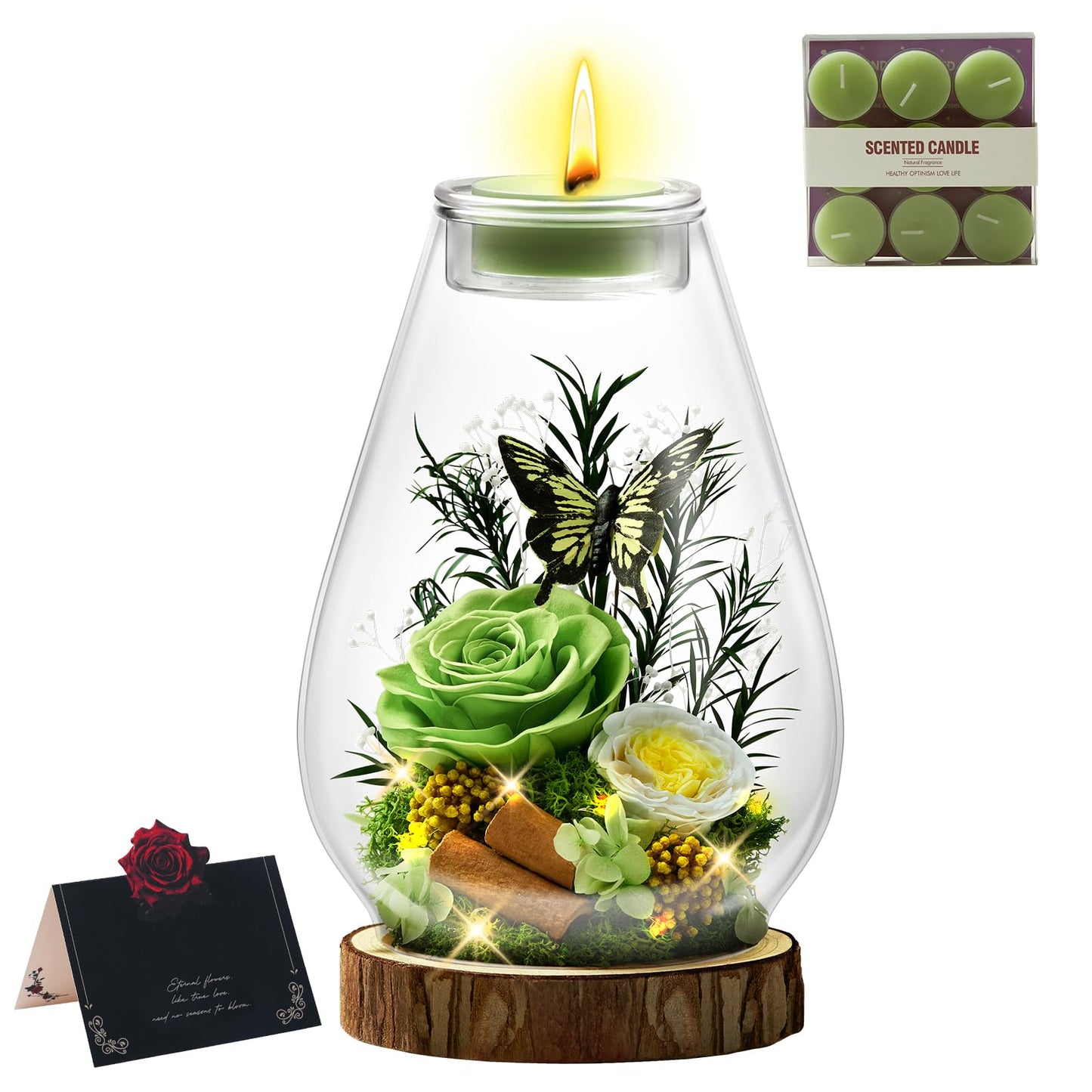 Birthday Gifts for Women Preserved Flowers Green Roses Candle Holder in Glass Dome Gift for Mom Birthday Gift Forever Flowers for Anniversary Real Flowers Eternal Rose for Proposal Wedding