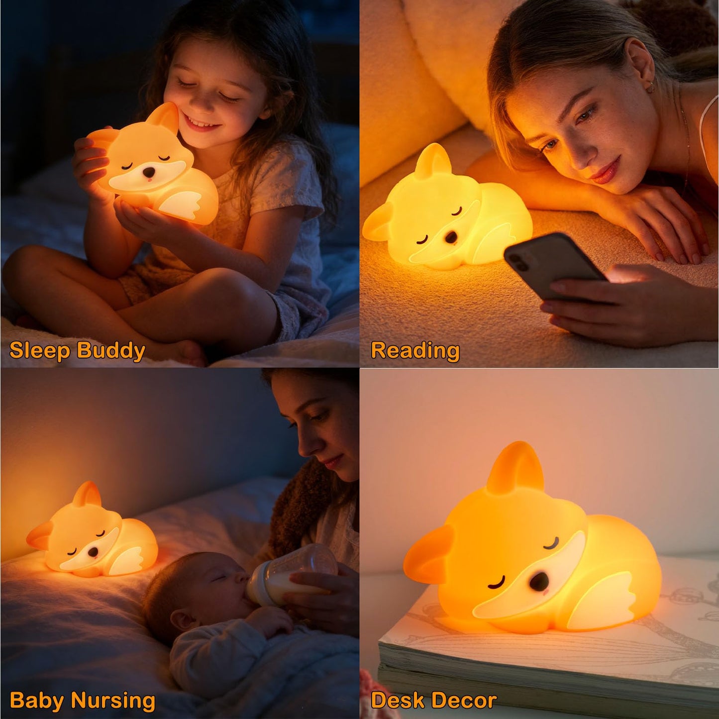 Fox Lamp, Fox Cute Night Light Gifts, Rechargeable Bedside Nightlight, Dimmable Squishy Silicone Animal Touch Lamp, Baby Room Decor, Small Night Light for Kids Teens Boys Girls Lovers