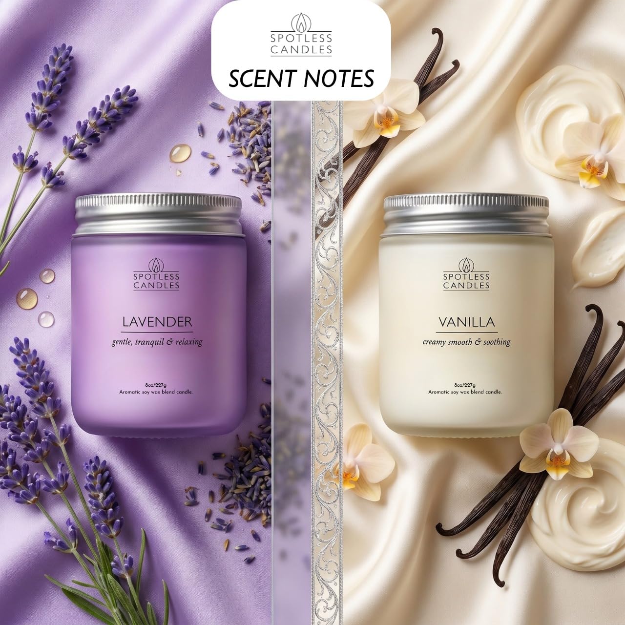Aromatic Candles Two Pack - 2 x 8 oz Lavender & Vanilla in a Gift Pack, Classic Candle Set for Men and Women by Spotless Leopard