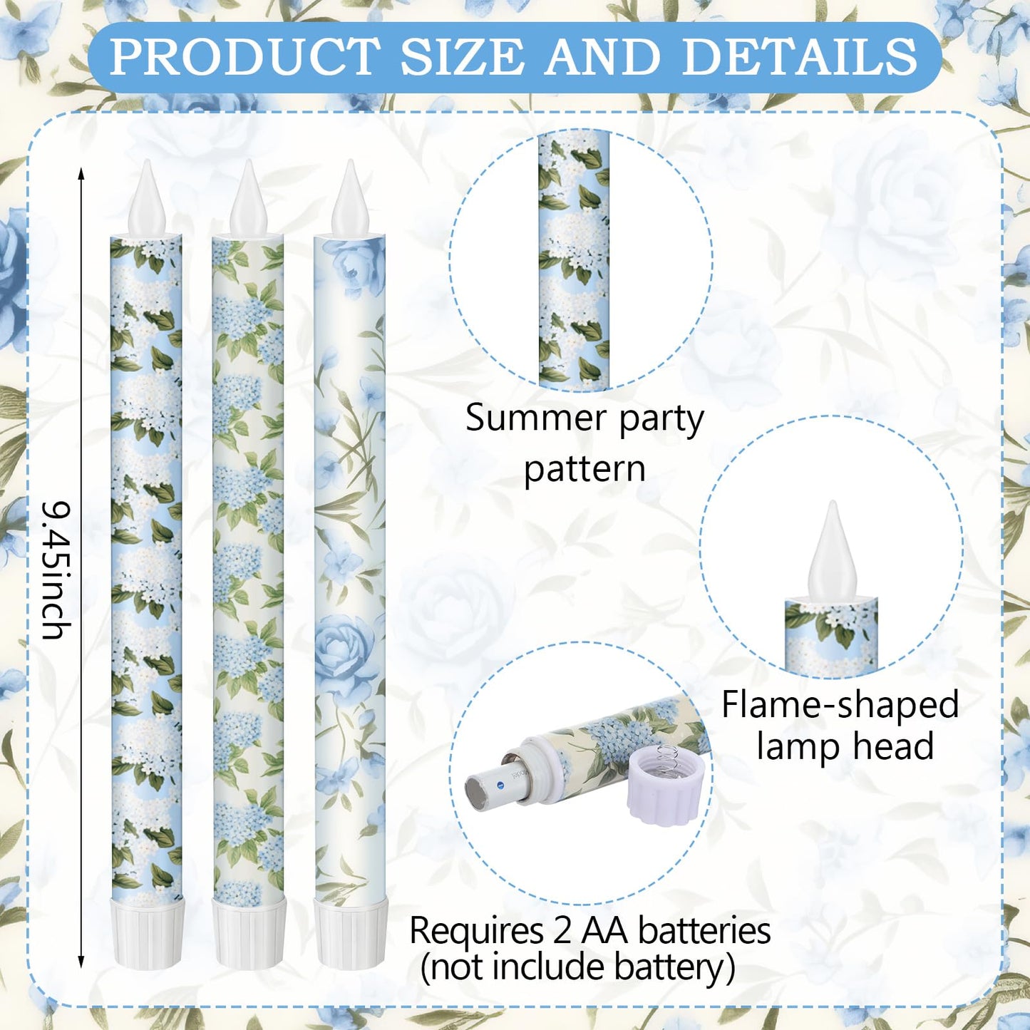 Lyrow 6 Pcs Blue Floral Flameless Taper Candles 11 Inch Hydrangea Flameless Candles Real Wax LED Candle Flickering Battery Operated Candlesticks for Wedding Anniversary Summer Gifts