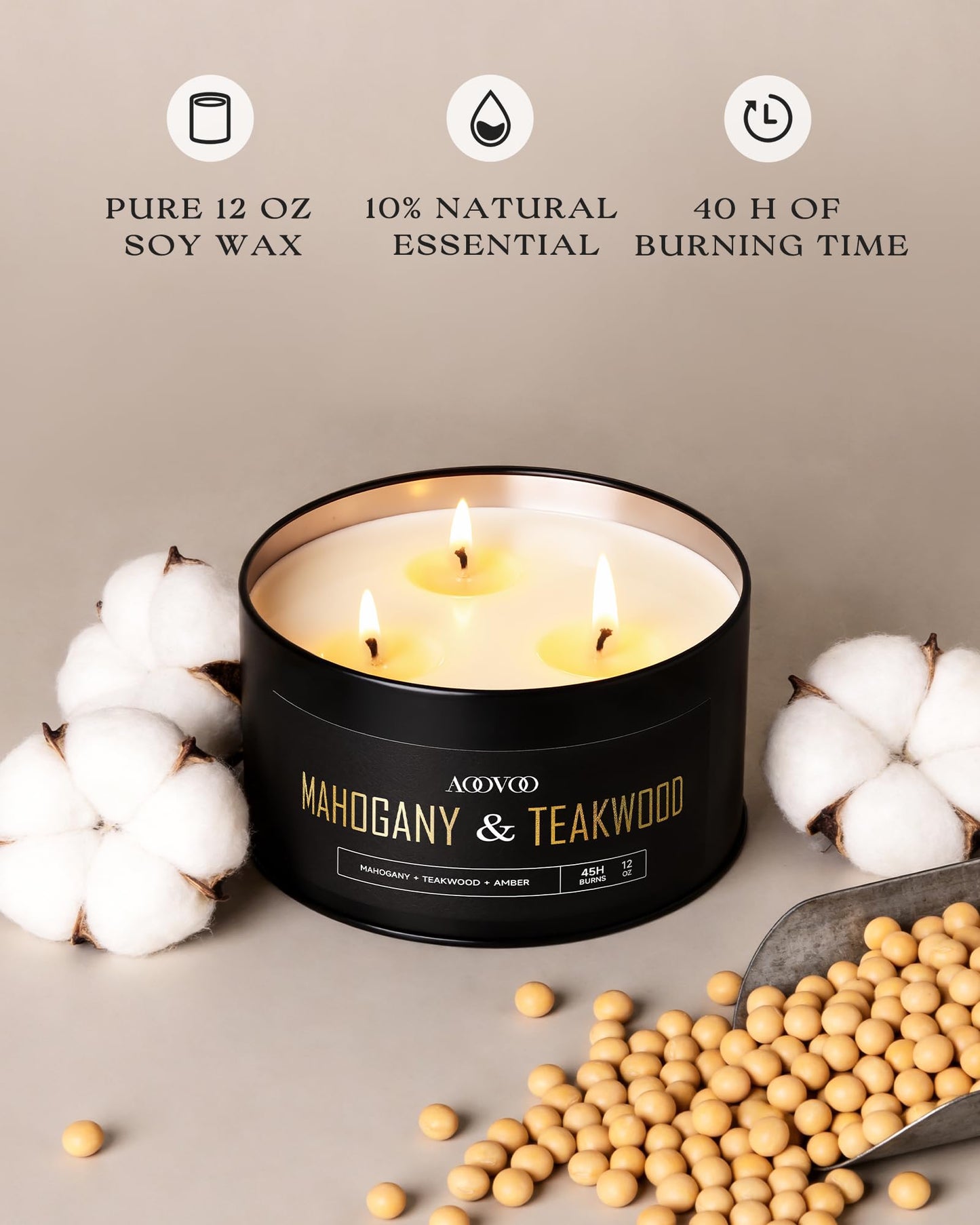 AOOVOO Mahogany Teakwood Candles for Men - 3 Wick 12oz Large Scented Candle, Long Lasting Soy Candles for Home Scented, Strong Fragranced Masculine Black Candle Gift for Women & Men