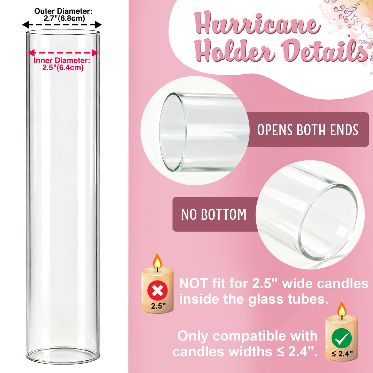 12 Set Glass Hurricane Candle Holders - 12" Tall Clear Glass Candlestick Holders for Taper Candles with Cylinder Chimney for Wedding, Party, and Home Table Centerpiece Decoration