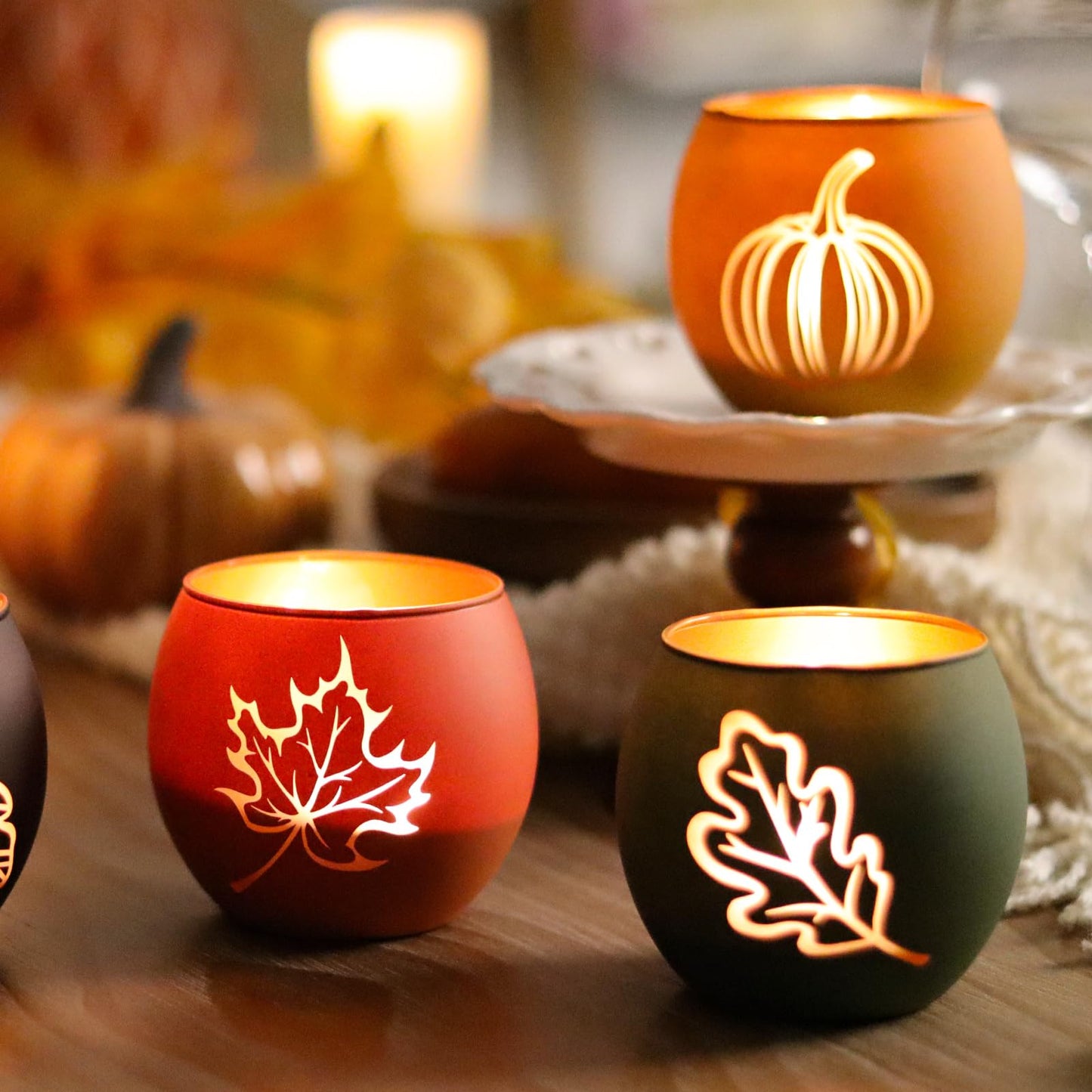 Fall Candle Holders Set of 4, Glass Tealight Votive Holders, Indoor Outdoor Thanksgiving Table Decor with Laser-Etched Maple Leaf and Pumpkin Design, Autumn Party Wedding Table Centerpieces (Brown)