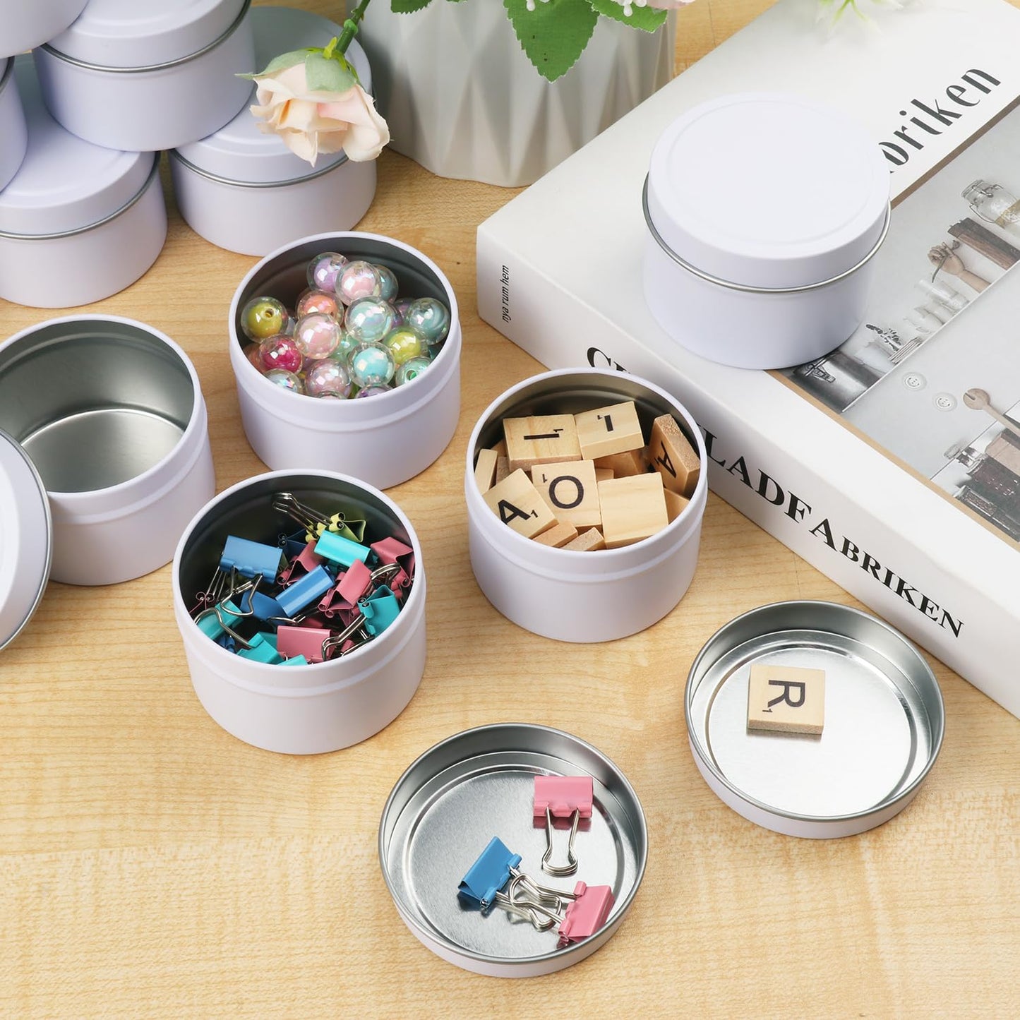 Biugaaufai 48 Pack 4 oz White Metal Candle Tins with Lids, Round, 4 oz Capacity, Cylindrical, DIY Candle Making and Storage