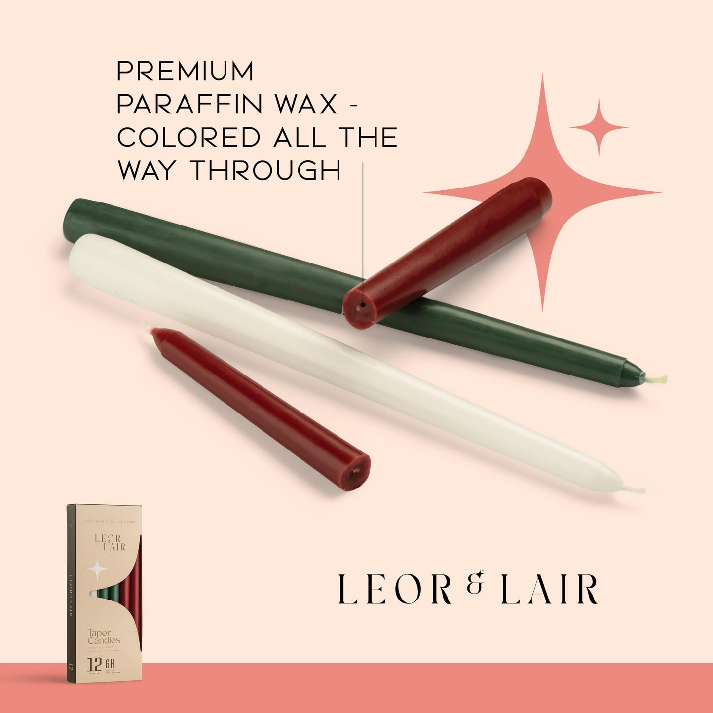 Leor & Lair 10” Christmas Taper Candles – 12 Pack of Red, Green & White Christmas Candlesticks – Long Burning Holiday Dinner Table Candles for Advent, Weddings & Home Décor