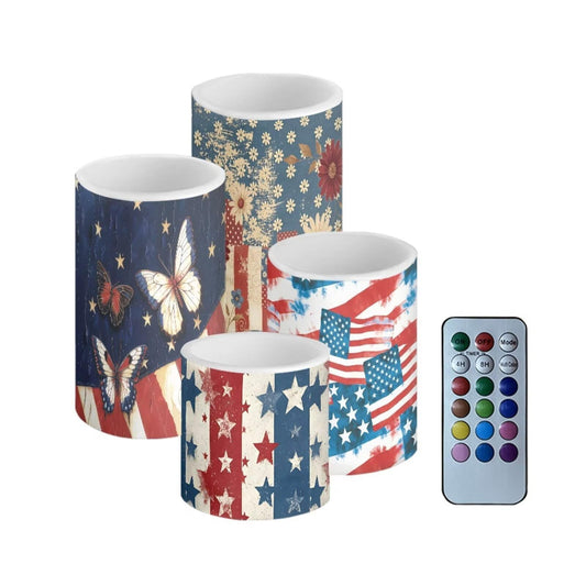 NETILGEN Novelty American Flag Theme 4 Pcs Flameless Candles with Remote/Timer, Decorative LED Pillar Candles Color Changing Flickering Candles for July 4th American Indepencence Day Decor