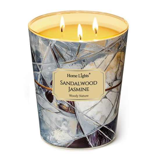 HomeLights Soy Wax Candles for Home Scented, 3-Wick Candles in Sandalwood Jasmine Scented, Industrial Chic Aromatherapy Candles Gift for Parties, Relaxing, 34oz