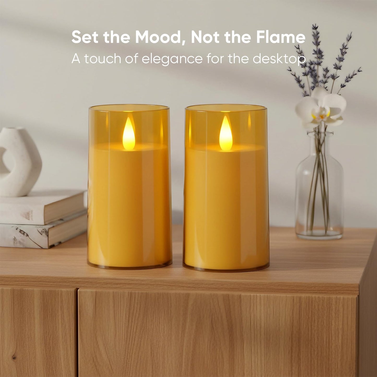 Amagic 3"×5" Gold Flameless Candles with Remote and Timer, Realistic Flickering Battery Operated Acrylic Led Fake Candles for Home Wedding Party Fall Christmas Decor, Set of 2